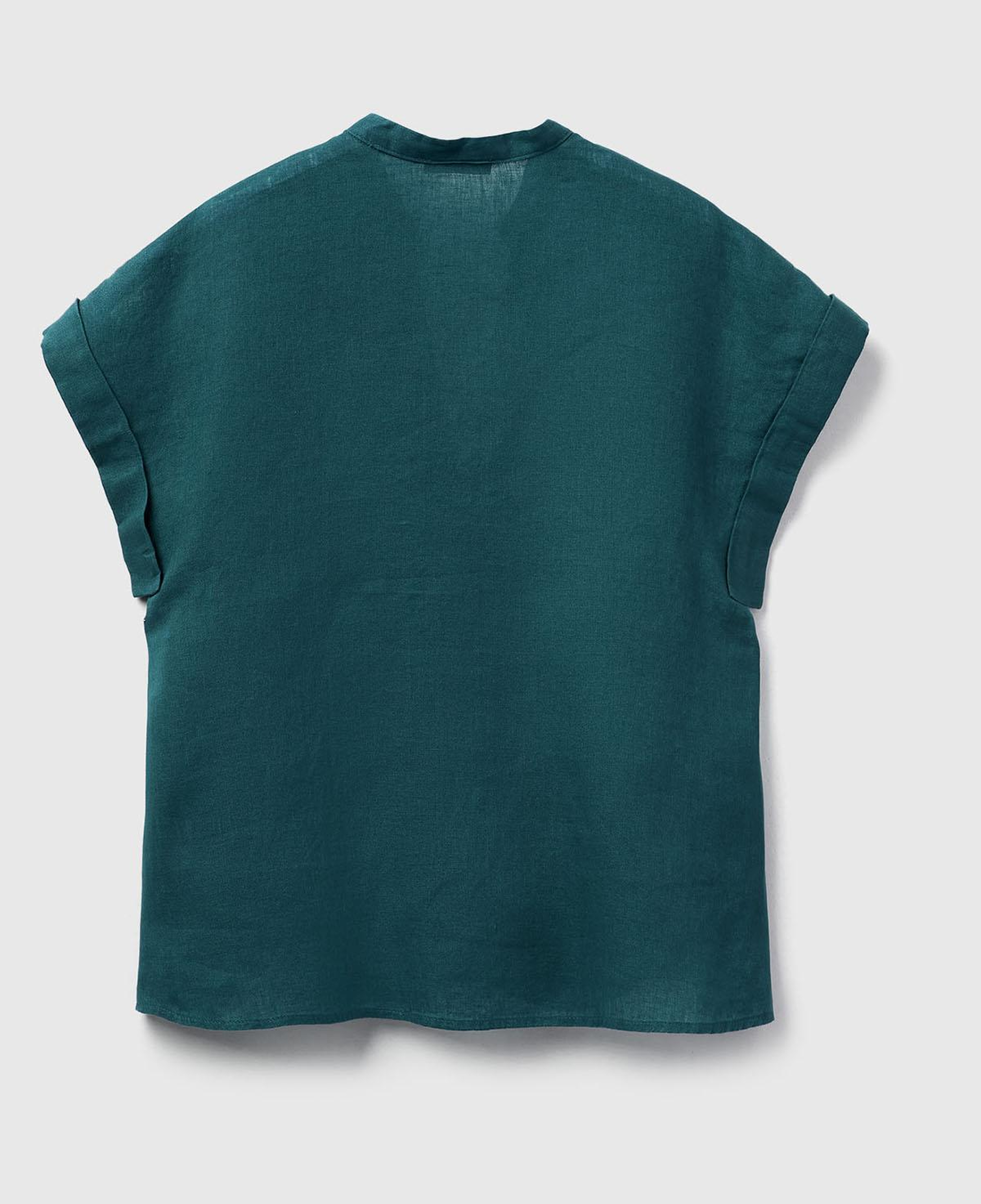 Kadın Koyu Yeşil %100 Keten V Yaka Kimono Kol Bluz