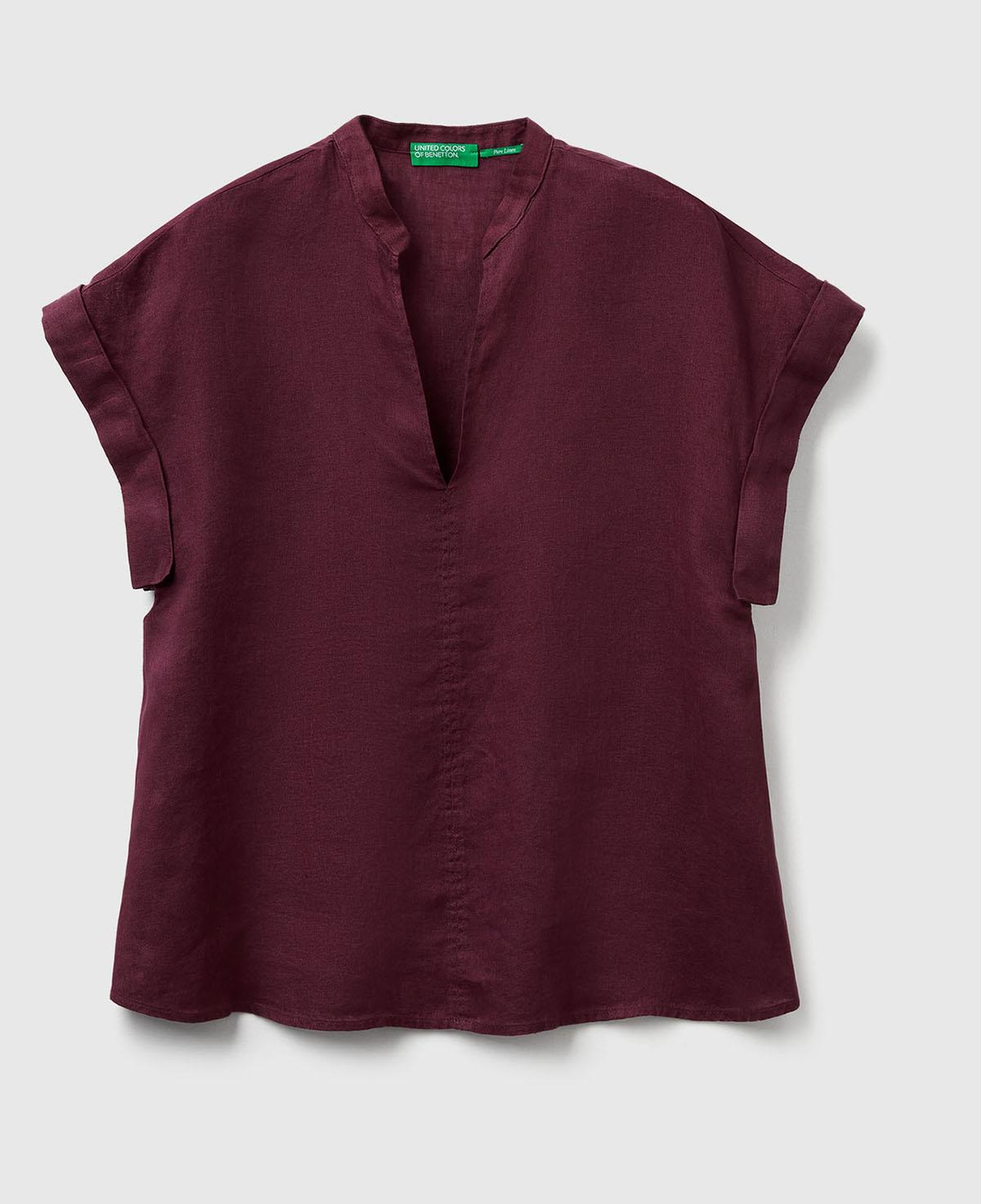 Kadın Mürdüm %100 Keten V Yaka Kimono Kol Bluz