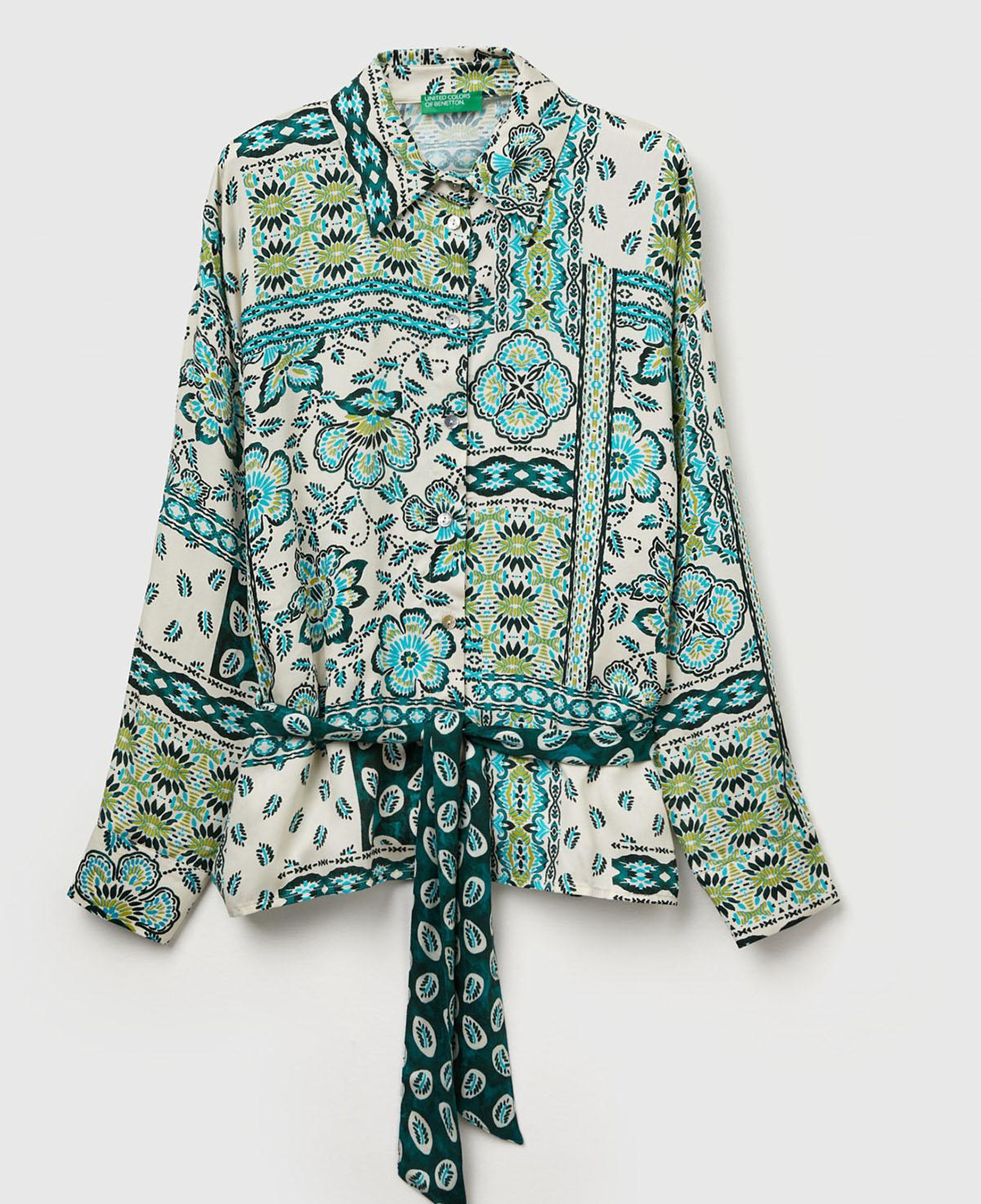 Kadın Açık Yeşil %100 Viskoz Kuşaklı Desenli Gömlek