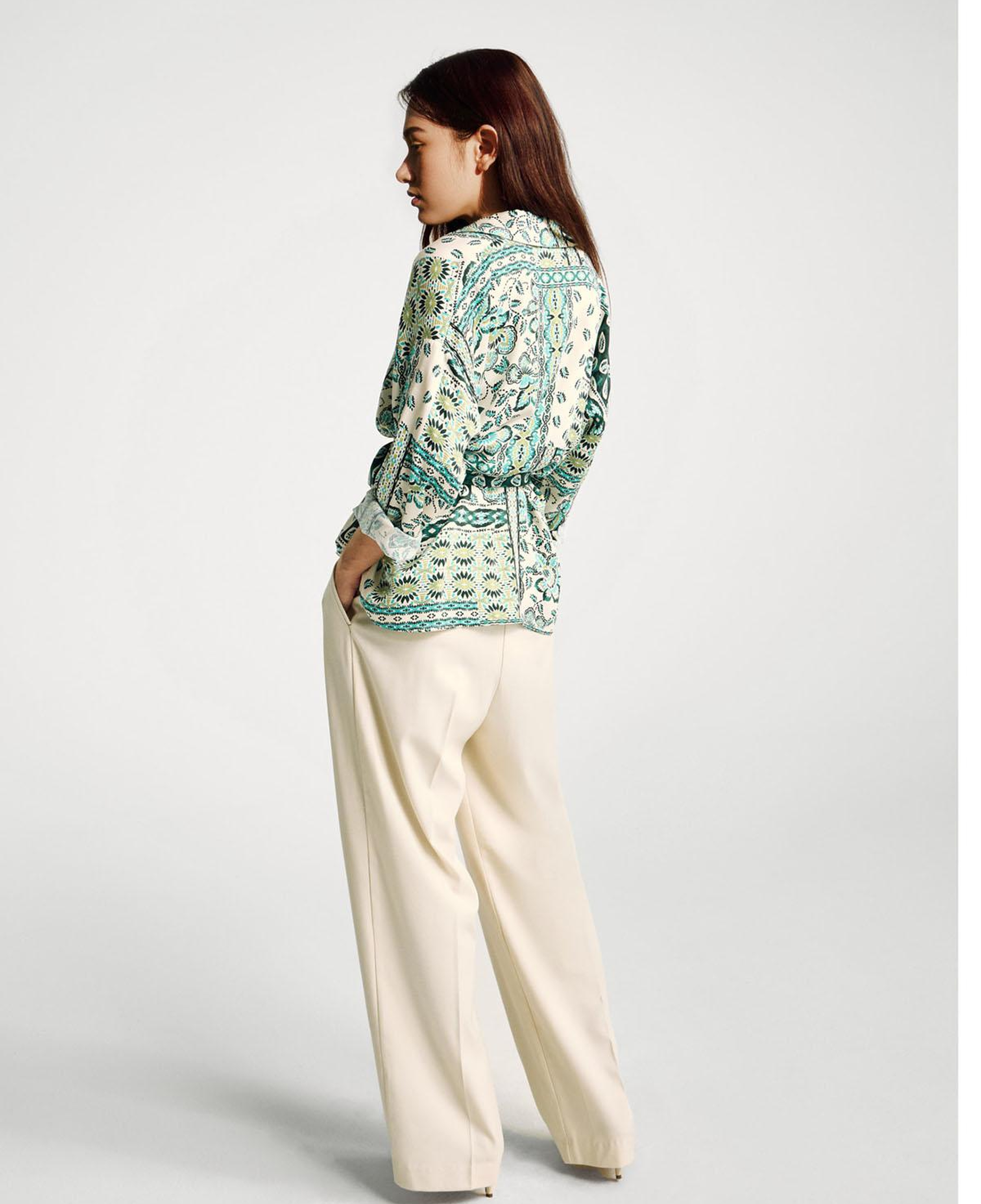 Kadın Açık Yeşil %100 Viskoz Kuşaklı Desenli Gömlek