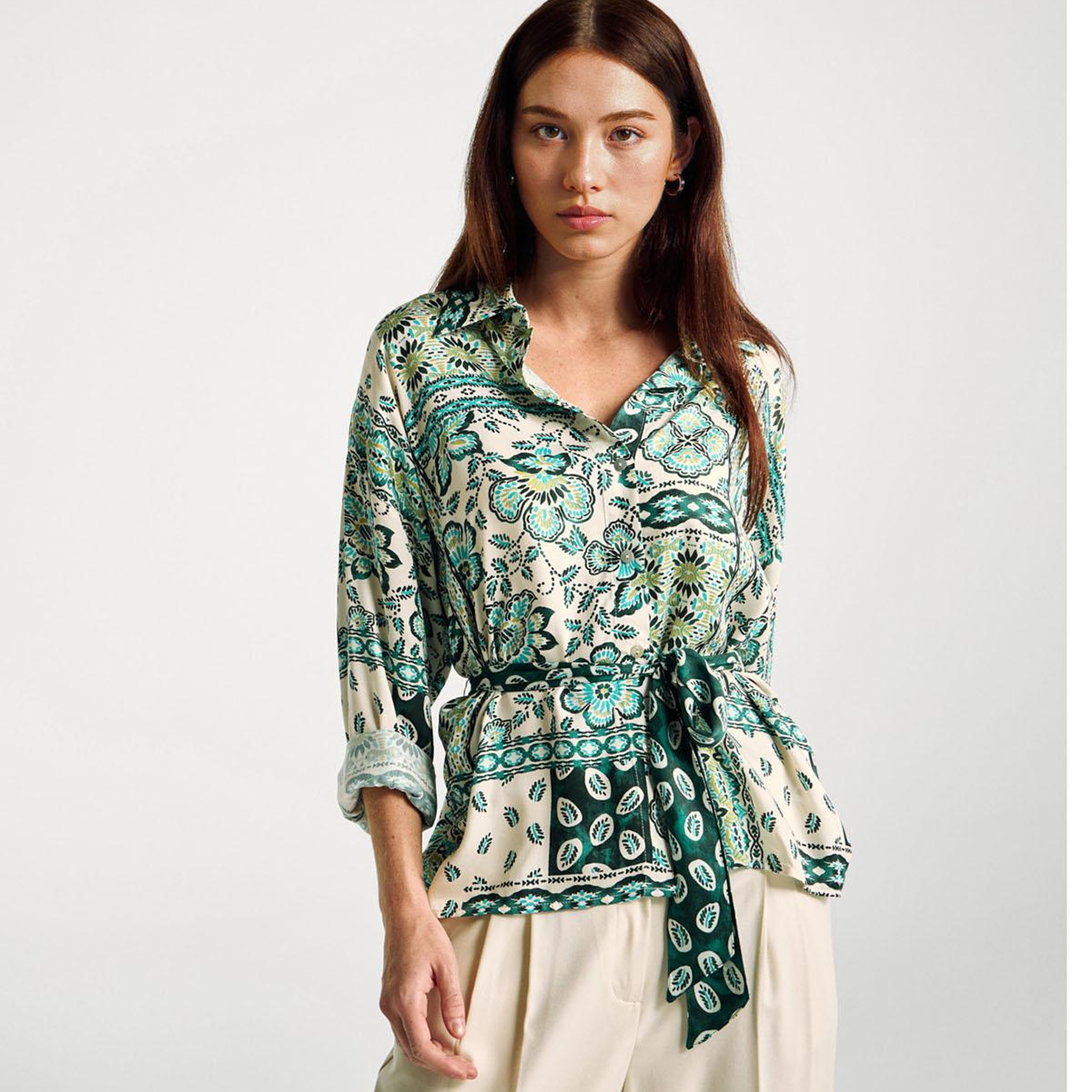 Kadın Açık Yeşil %100 Viskoz Kuşaklı Desenli Gömlek