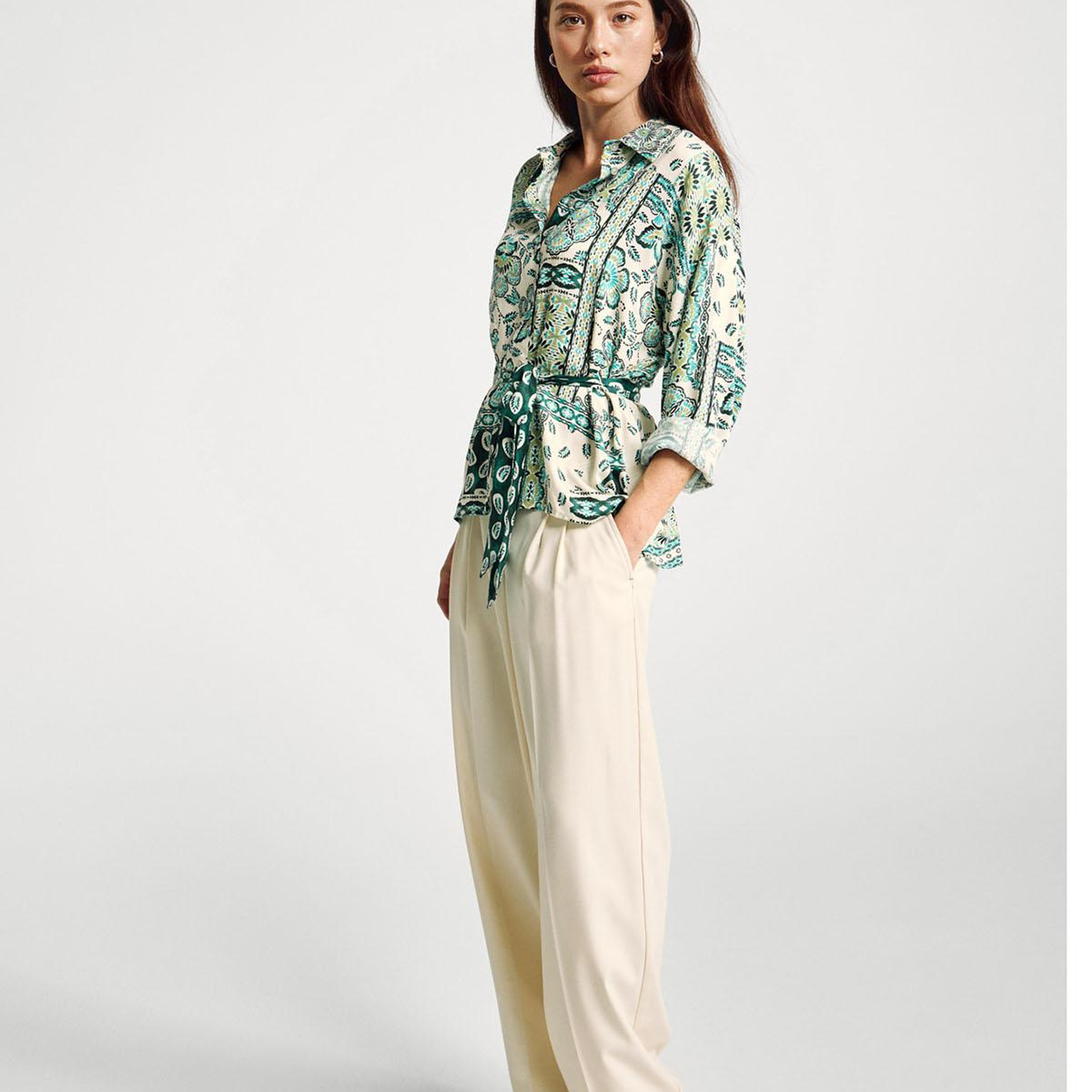 Kadın Açık Yeşil %100 Viskoz Kuşaklı Desenli Gömlek