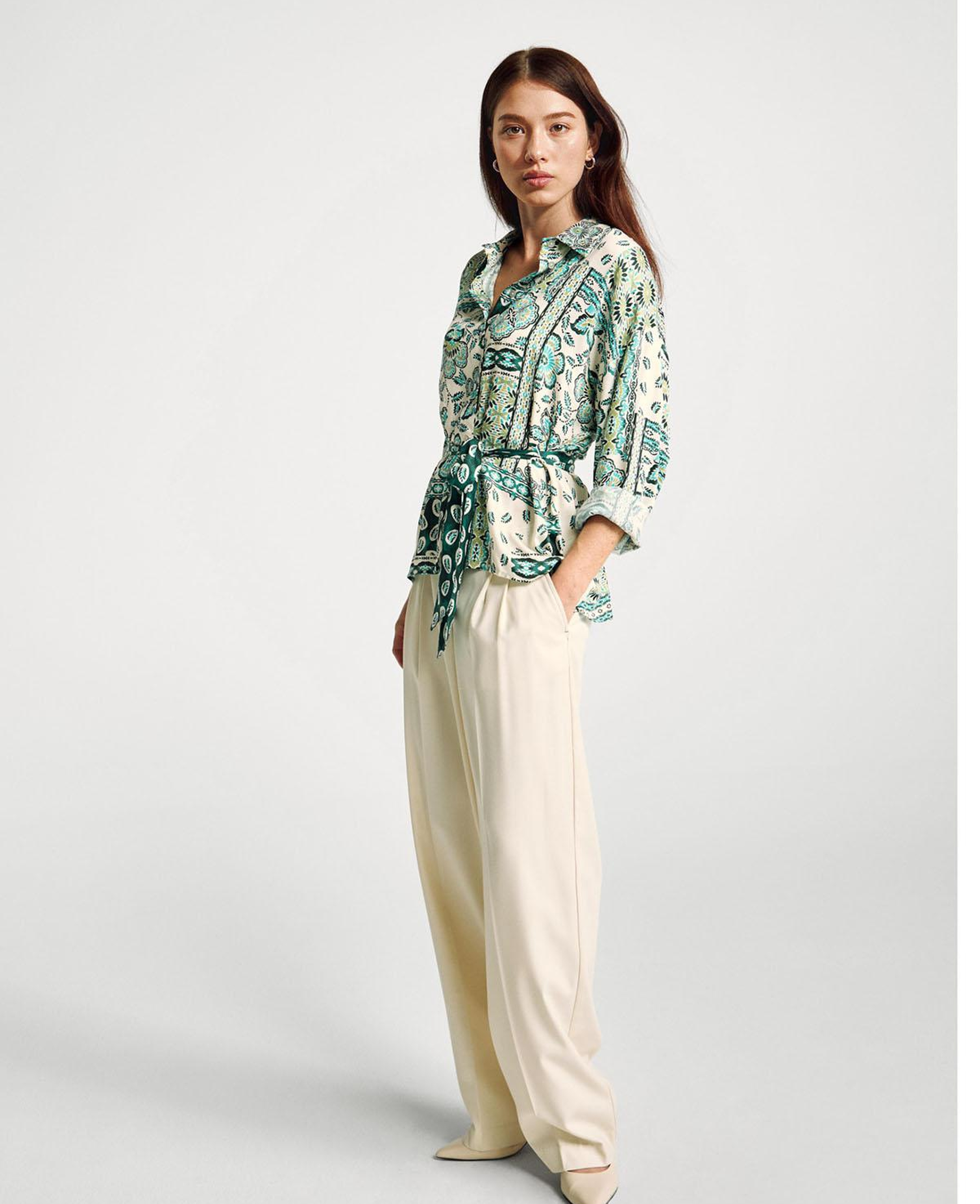 Kadın Açık Yeşil %100 Viskoz Kuşaklı Desenli Gömlek