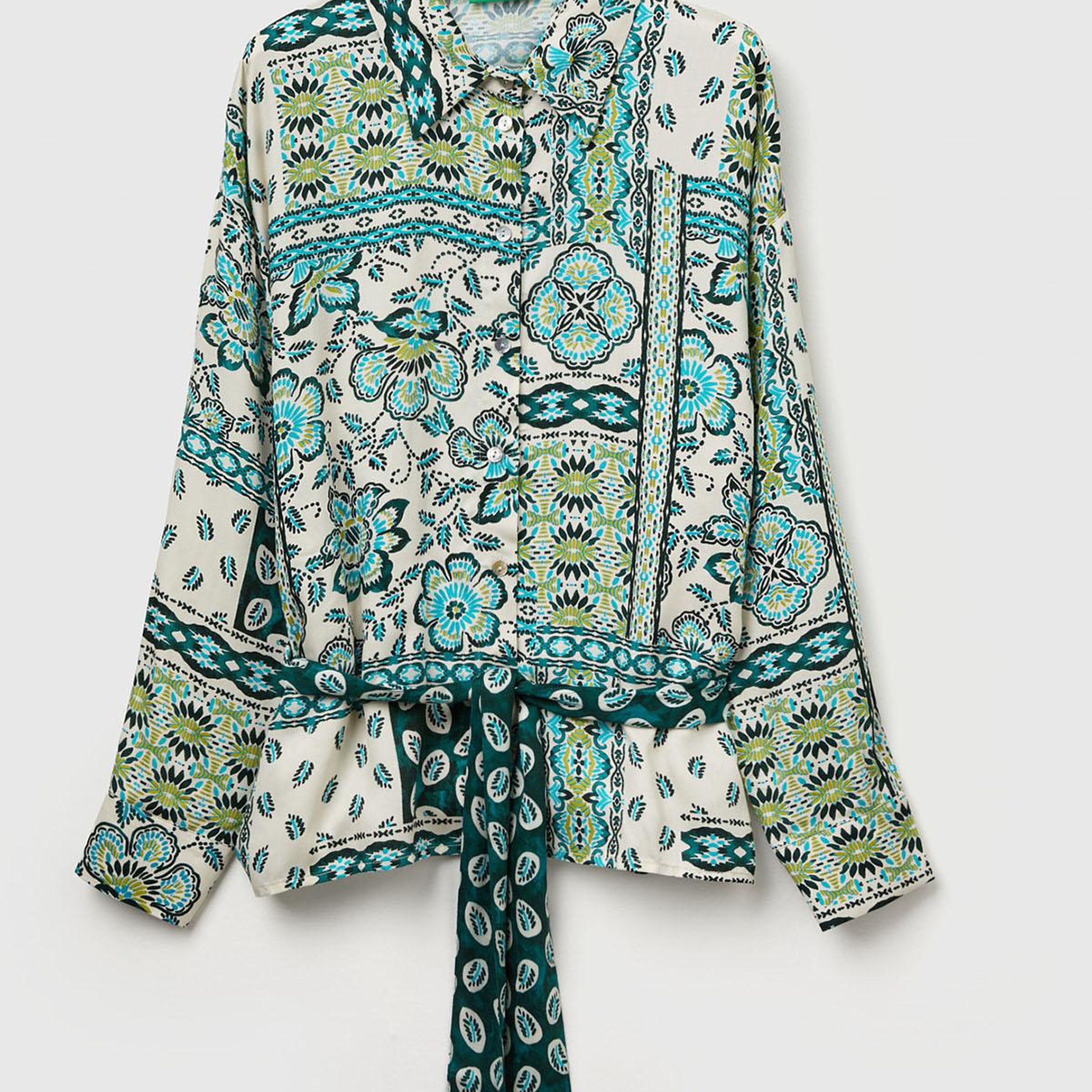 Kadın Açık Yeşil %100 Viskoz Kuşaklı Desenli Gömlek