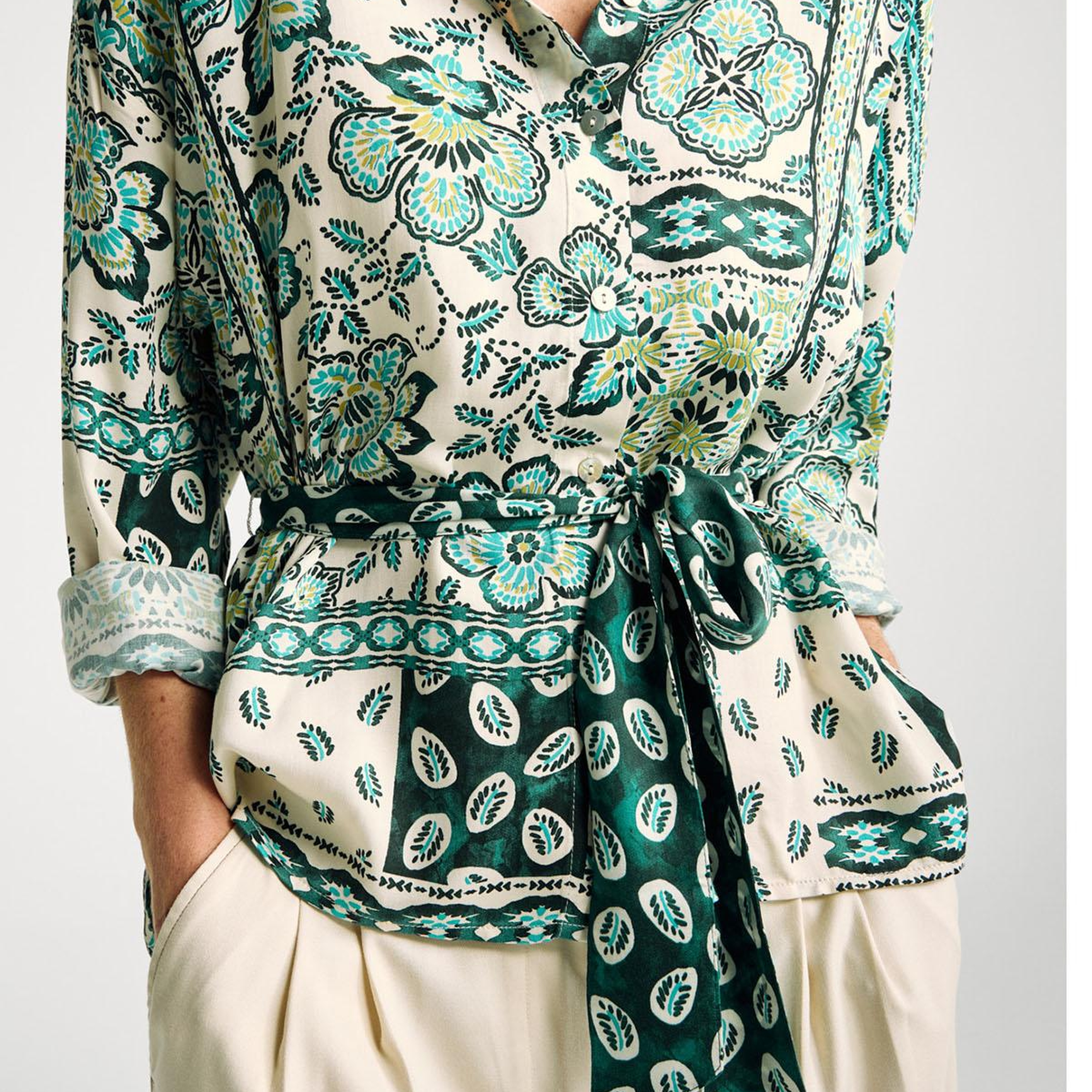 Kadın Açık Yeşil %100 Viskoz Kuşaklı Desenli Gömlek