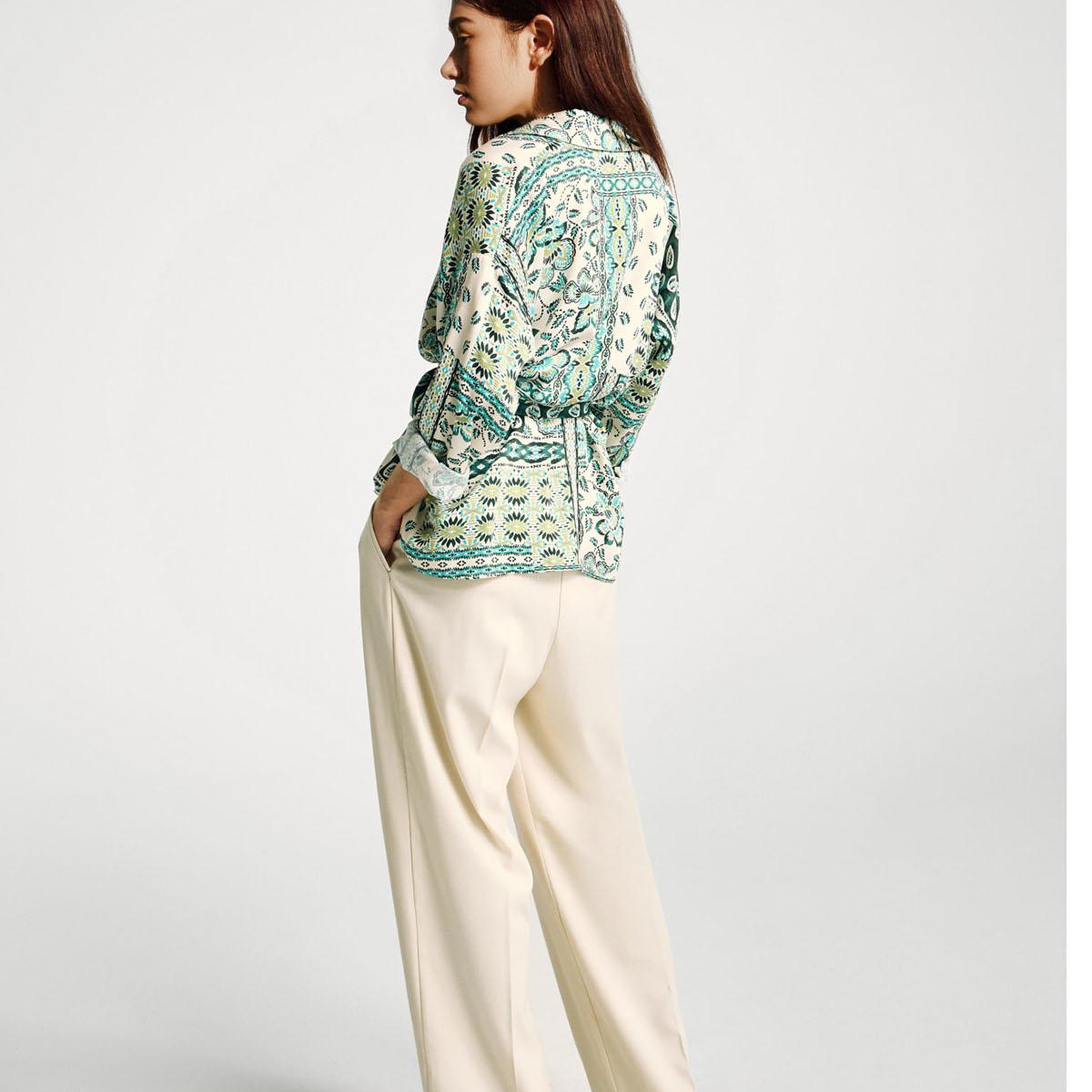 Kadın Açık Yeşil %100 Viskoz Kuşaklı Desenli Gömlek