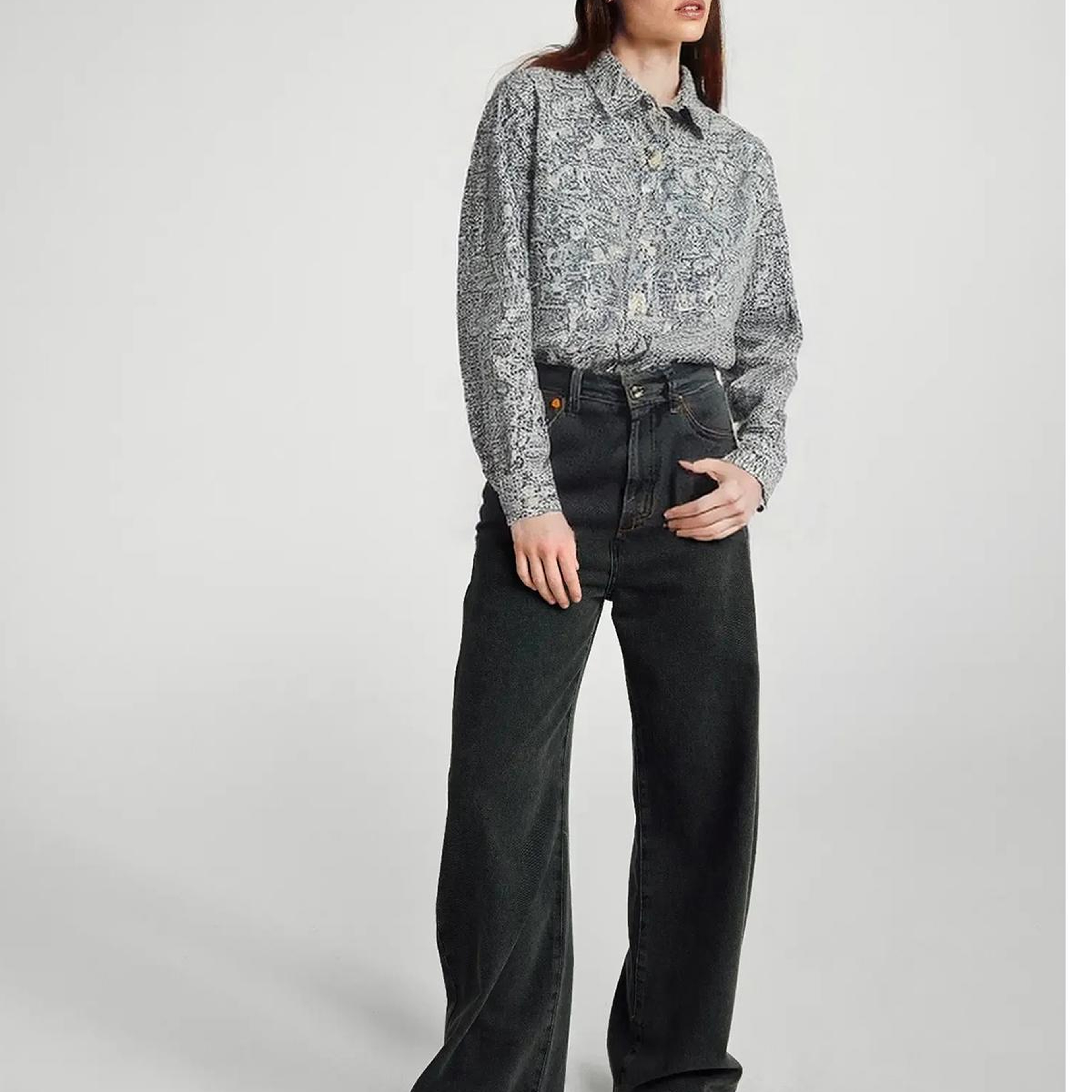 Kadın Gri Desenli %100 Pamuk Desenli Manşetli Regular Fit Müslin Gömlek