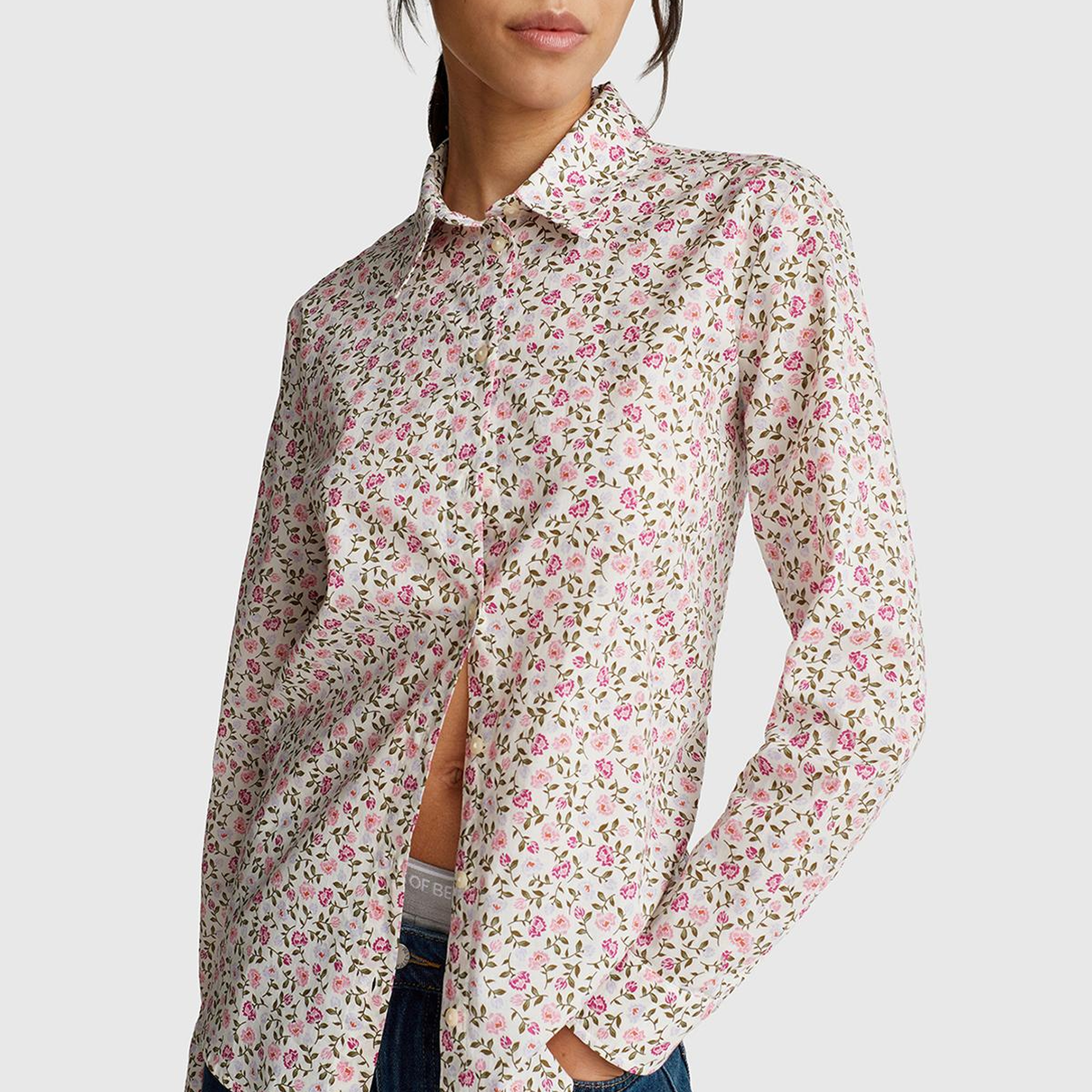Kadın Toz Pembe %100 Pamuk Desenli Manşetli Regular Fit Müslin Gömlek