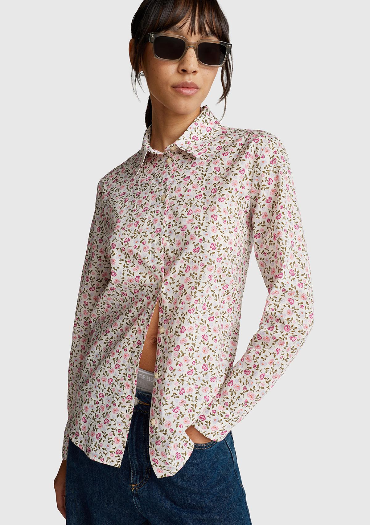 Kadın Toz Pembe %100 Pamuk Desenli Manşetli Regular Fit Müslin Gömlek