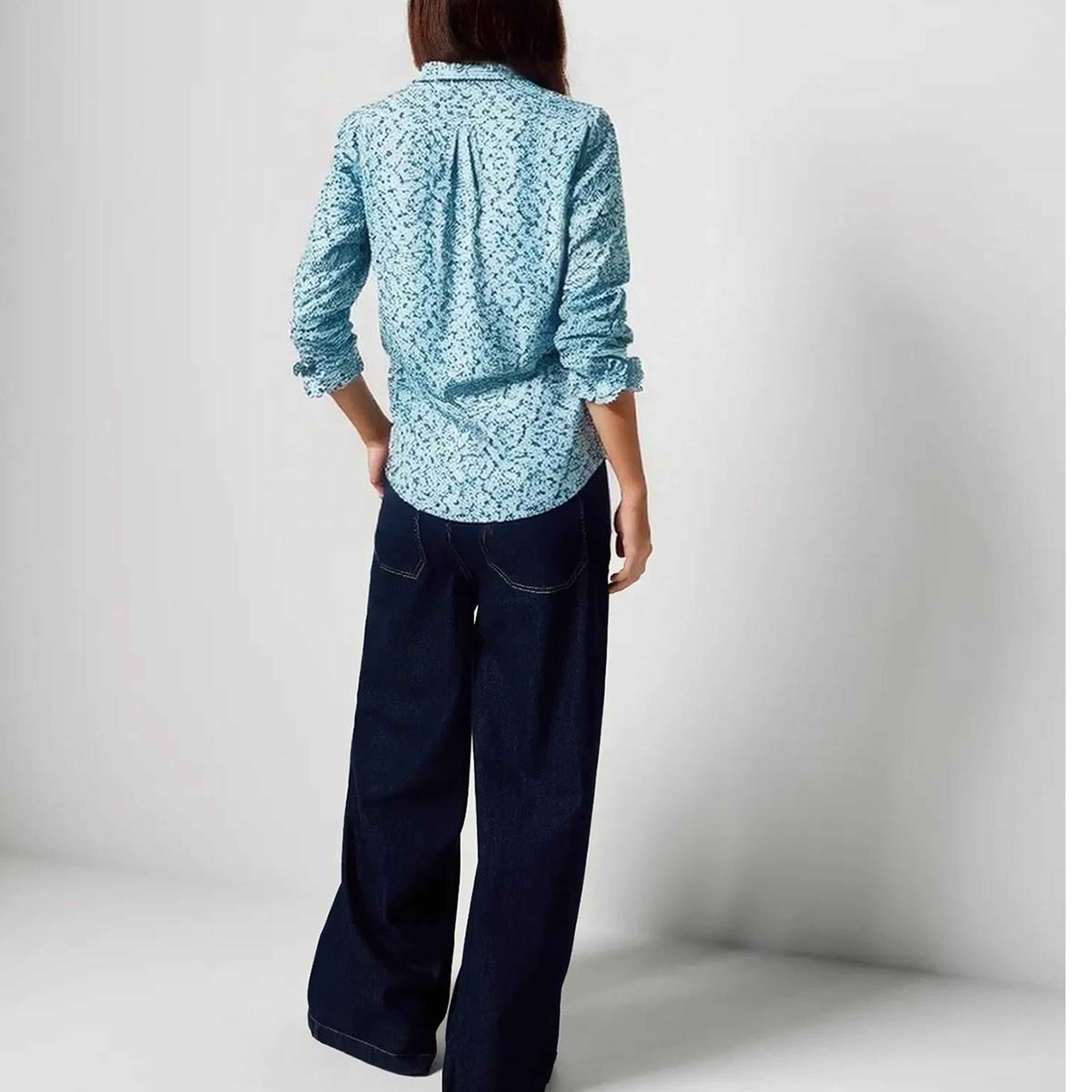 Kadın Mavi Mix %100 Pamuk Desenli Manşetli Regular Fit Müslin Gömlek