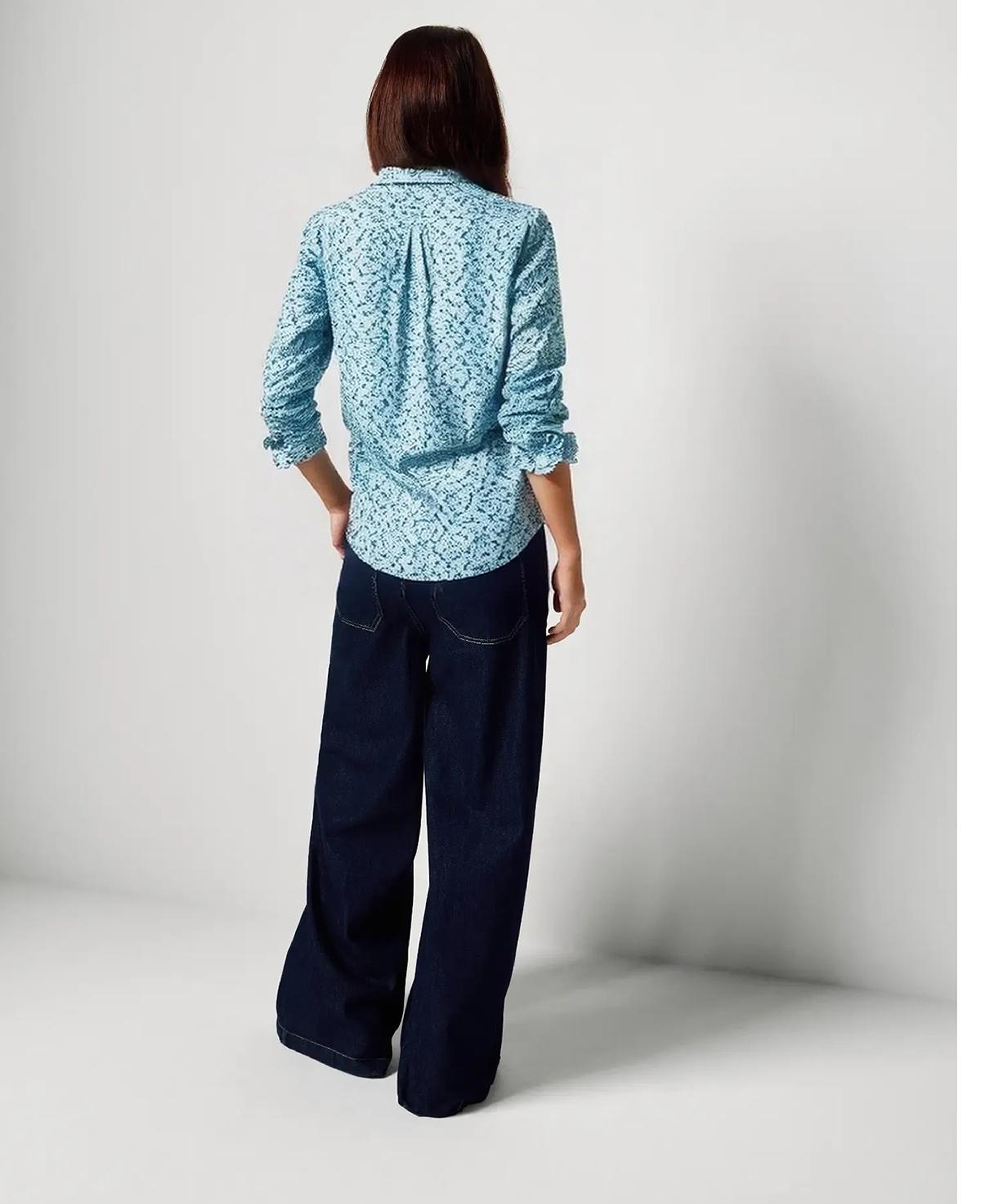 Kadın Mavi Mix %100 Pamuk Desenli Manşetli Regular Fit Müslin Gömlek