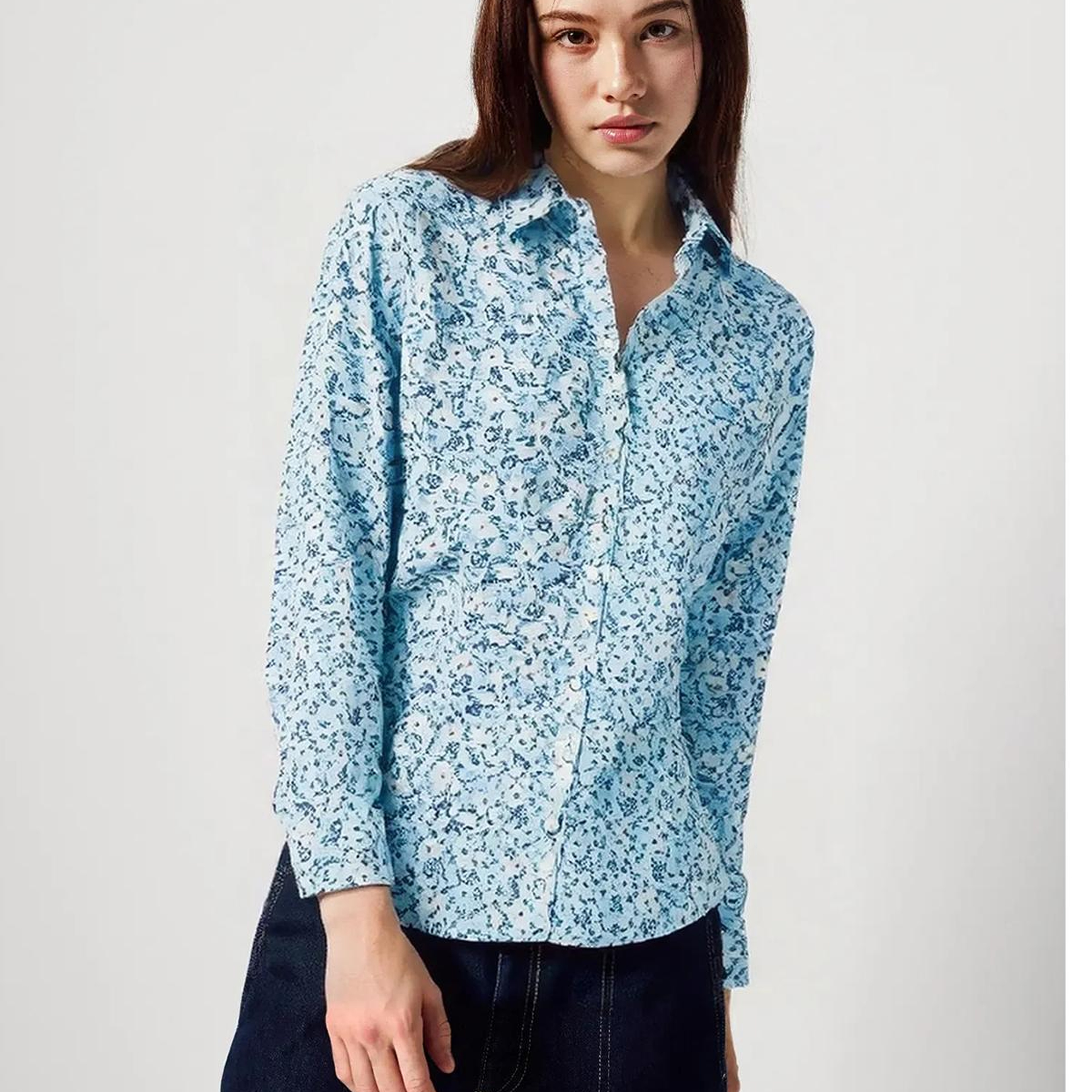 Kadın Mavi Mix %100 Pamuk Desenli Manşetli Regular Fit Müslin Gömlek