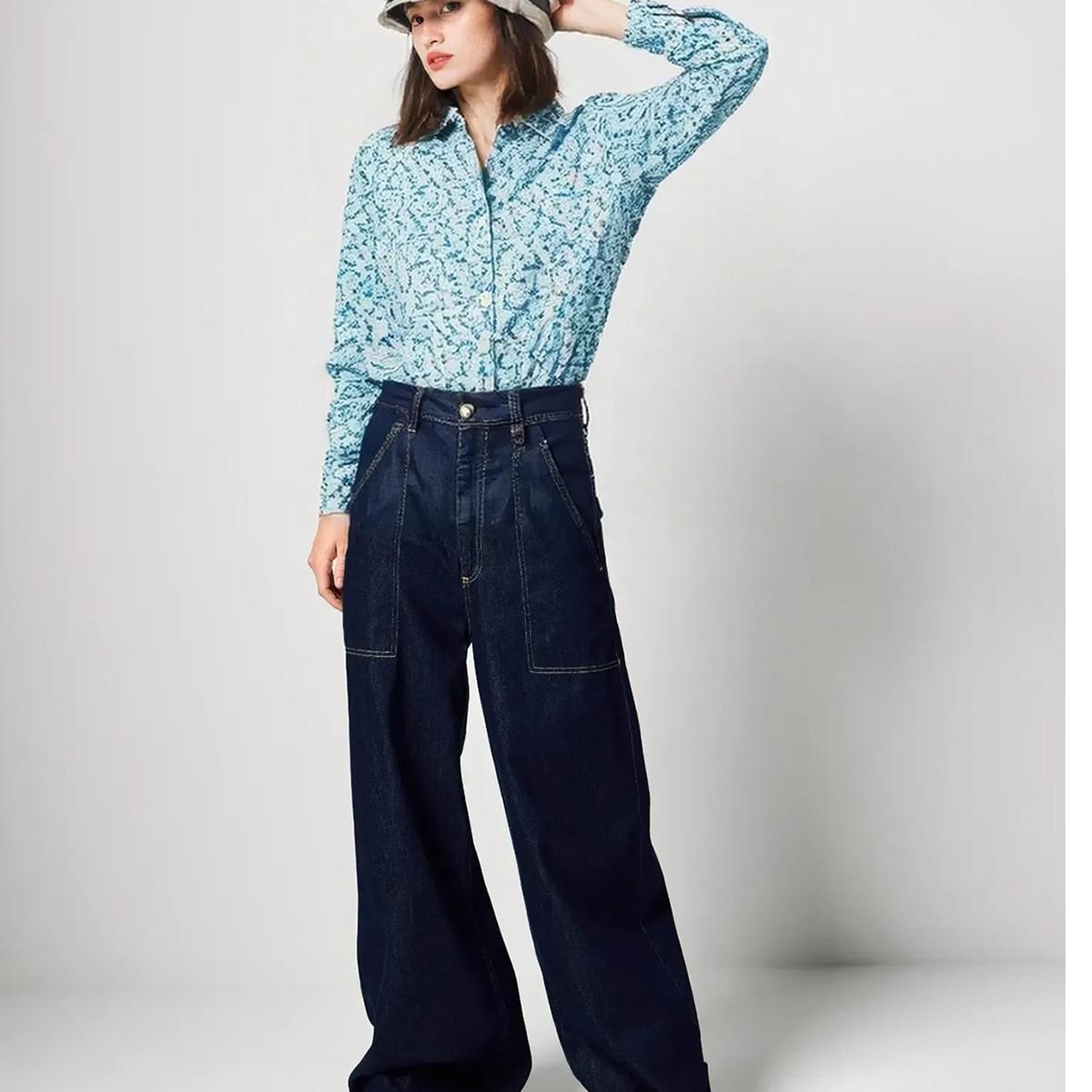 Kadın Mavi Mix %100 Pamuk Desenli Manşetli Regular Fit Müslin Gömlek