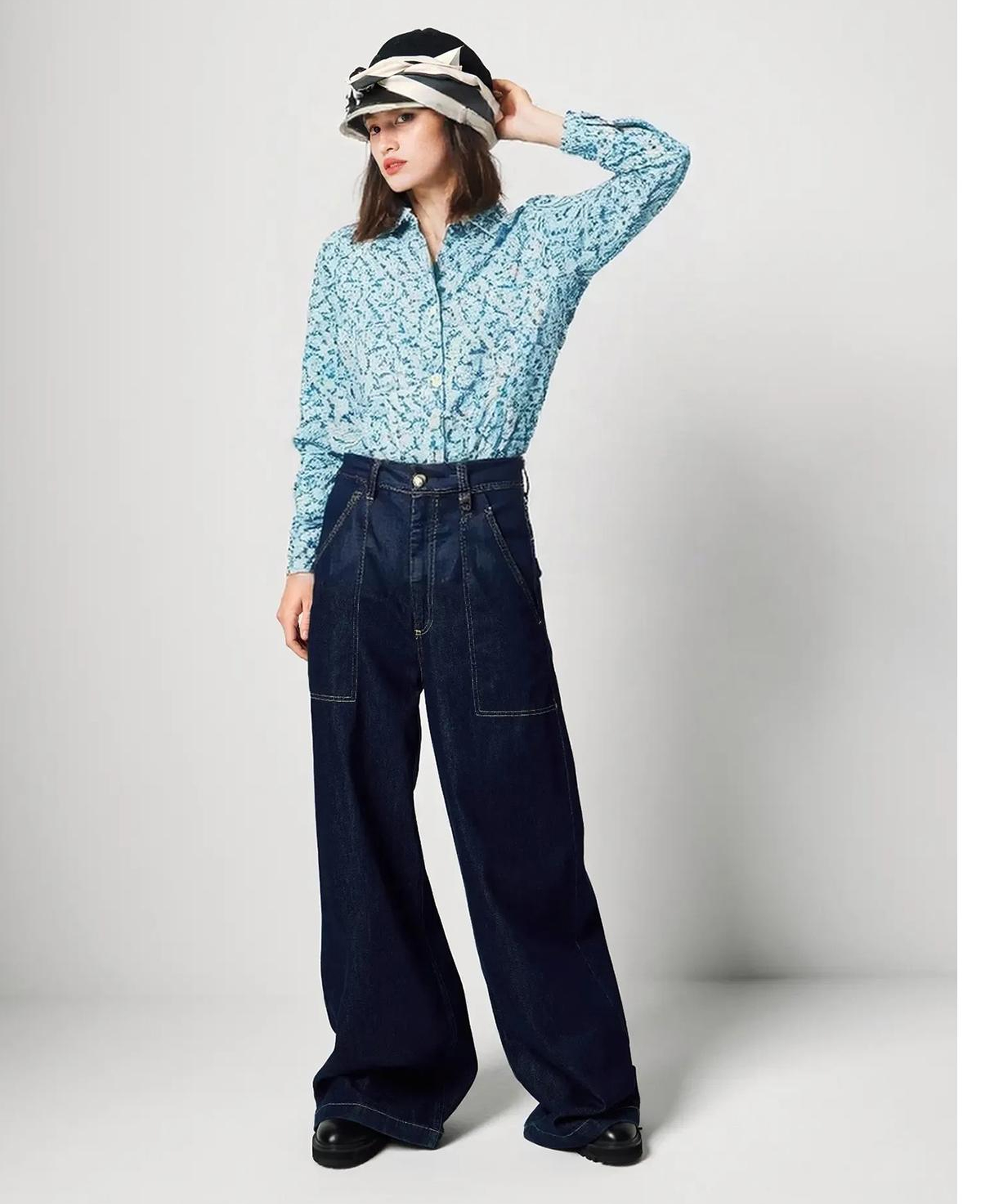 Kadın Mavi Mix %100 Pamuk Desenli Manşetli Regular Fit Müslin Gömlek