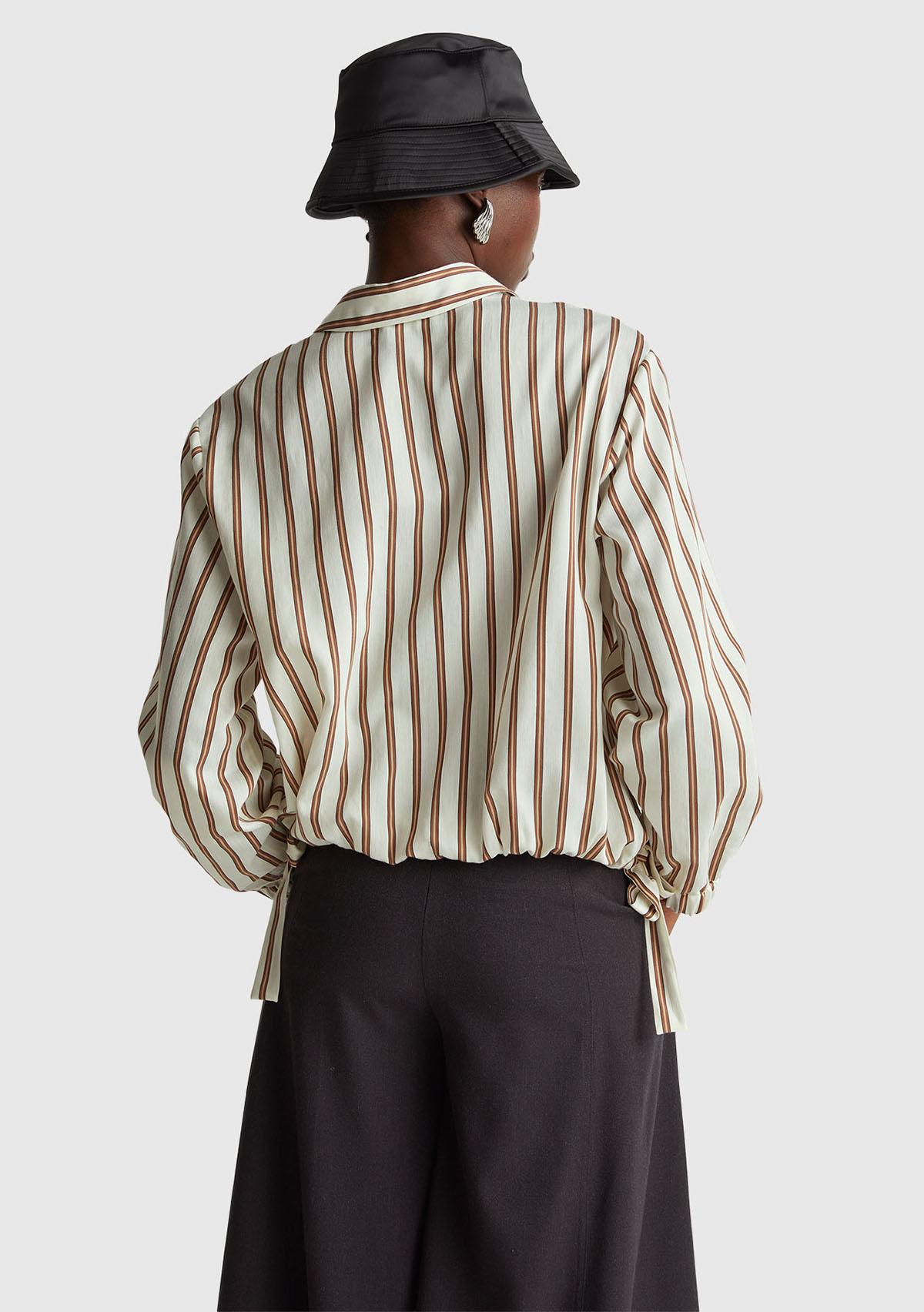 Kadın Bej Viskoz Karışımlı Çizgili Altı Lastikli Relaxed Fit Gömlek