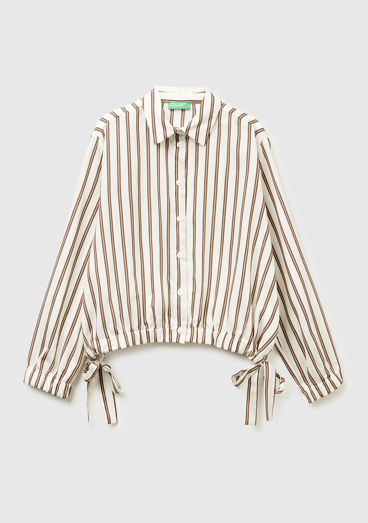 Kadın Bej Viskoz Karışımlı Çizgili Altı Lastikli Relaxed Fit Gömlek