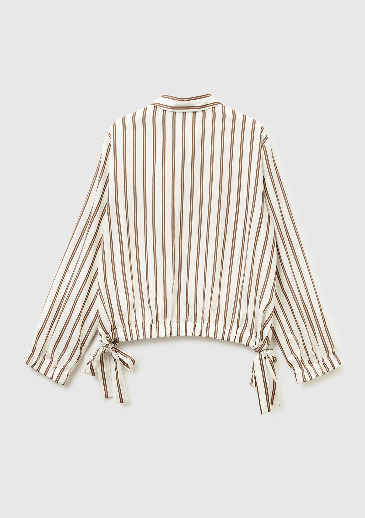 Kadın Bej Viskoz Karışımlı Çizgili Altı Lastikli Relaxed Fit Gömlek