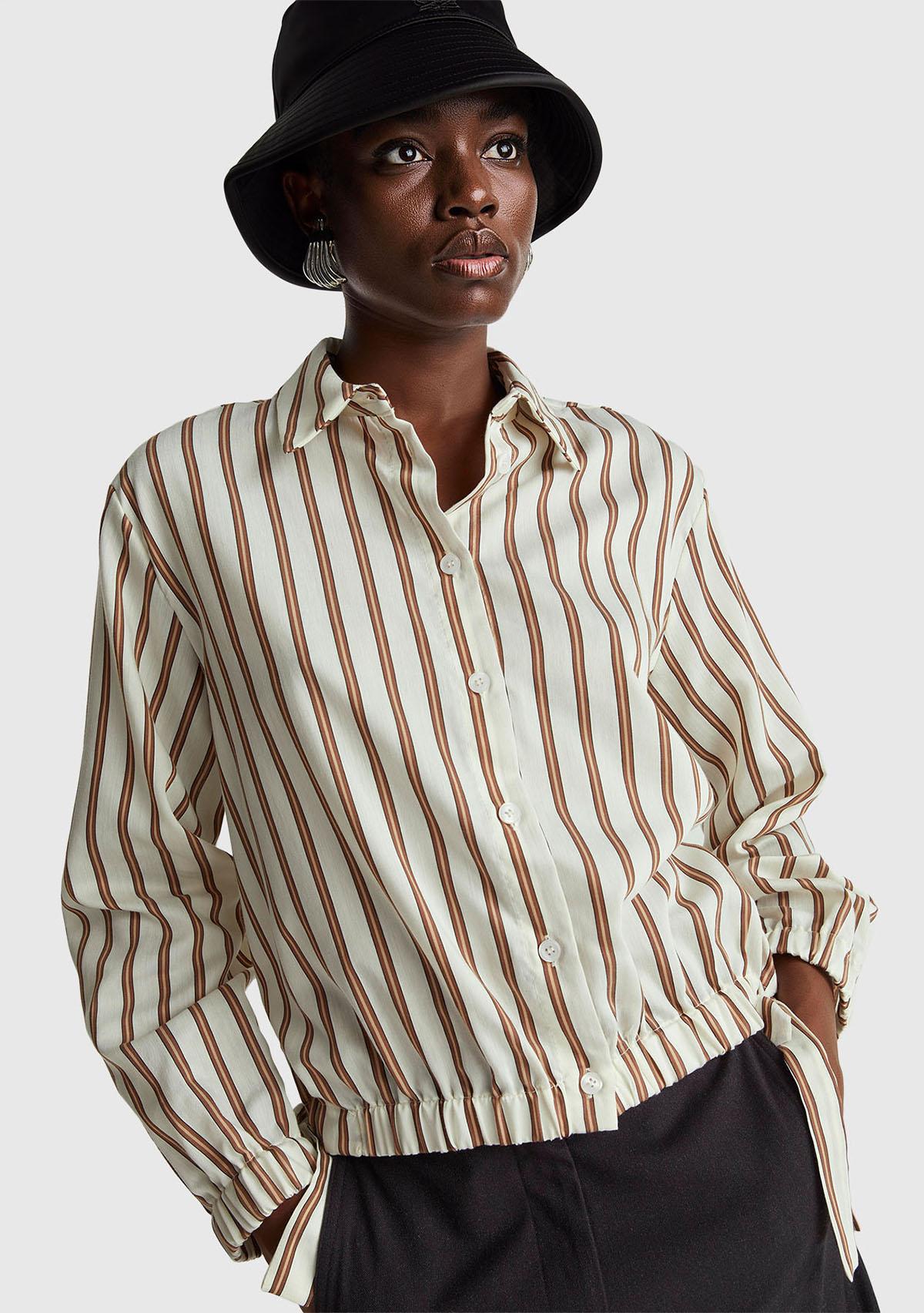 Kadın Bej Viskoz Karışımlı Çizgili Altı Lastikli Relaxed Fit Gömlek