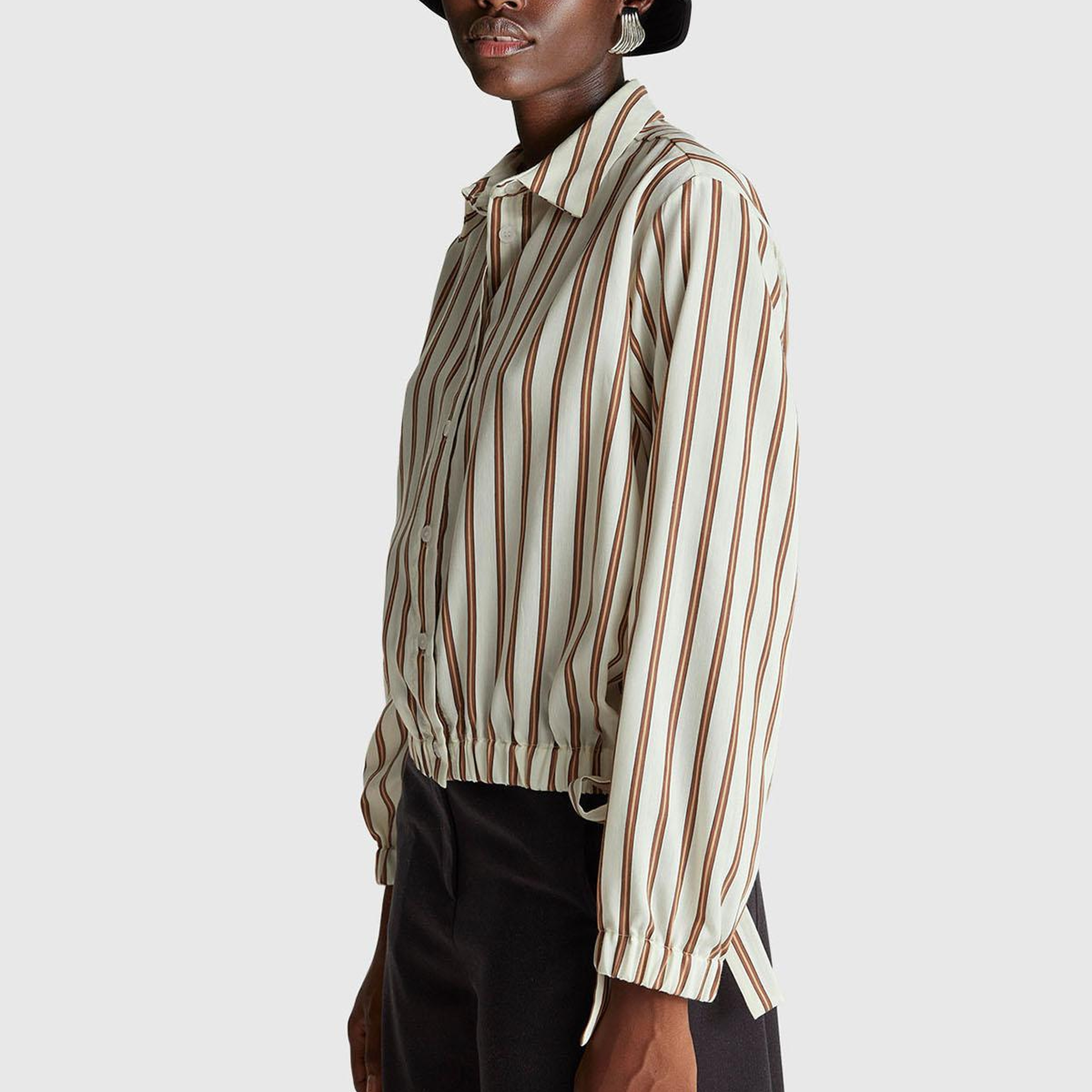 Kadın Bej Viskoz Karışımlı Çizgili Altı Lastikli Relaxed Fit Gömlek