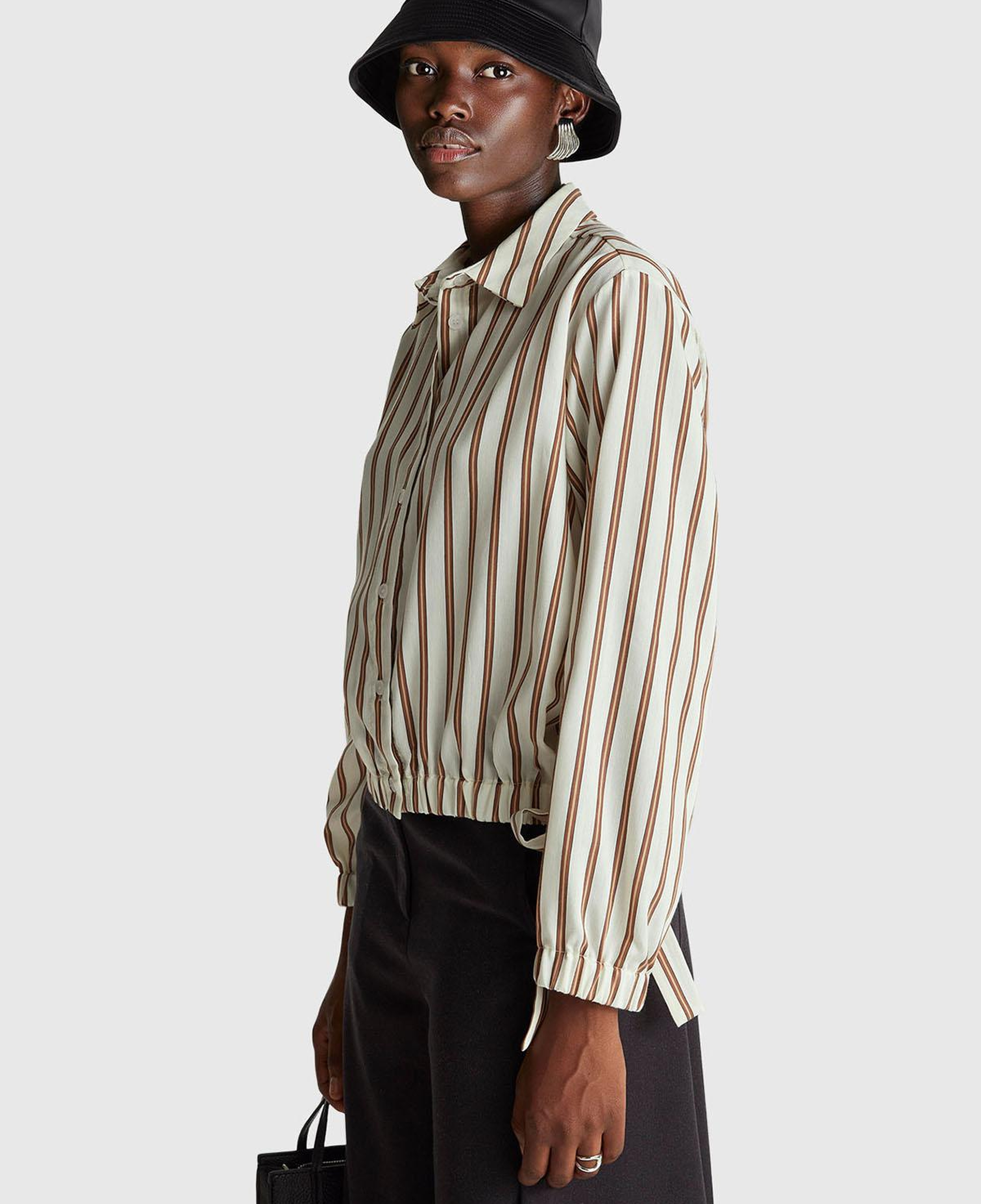 Kadın Bej Viskoz Karışımlı Çizgili Altı Lastikli Relaxed Fit Gömlek