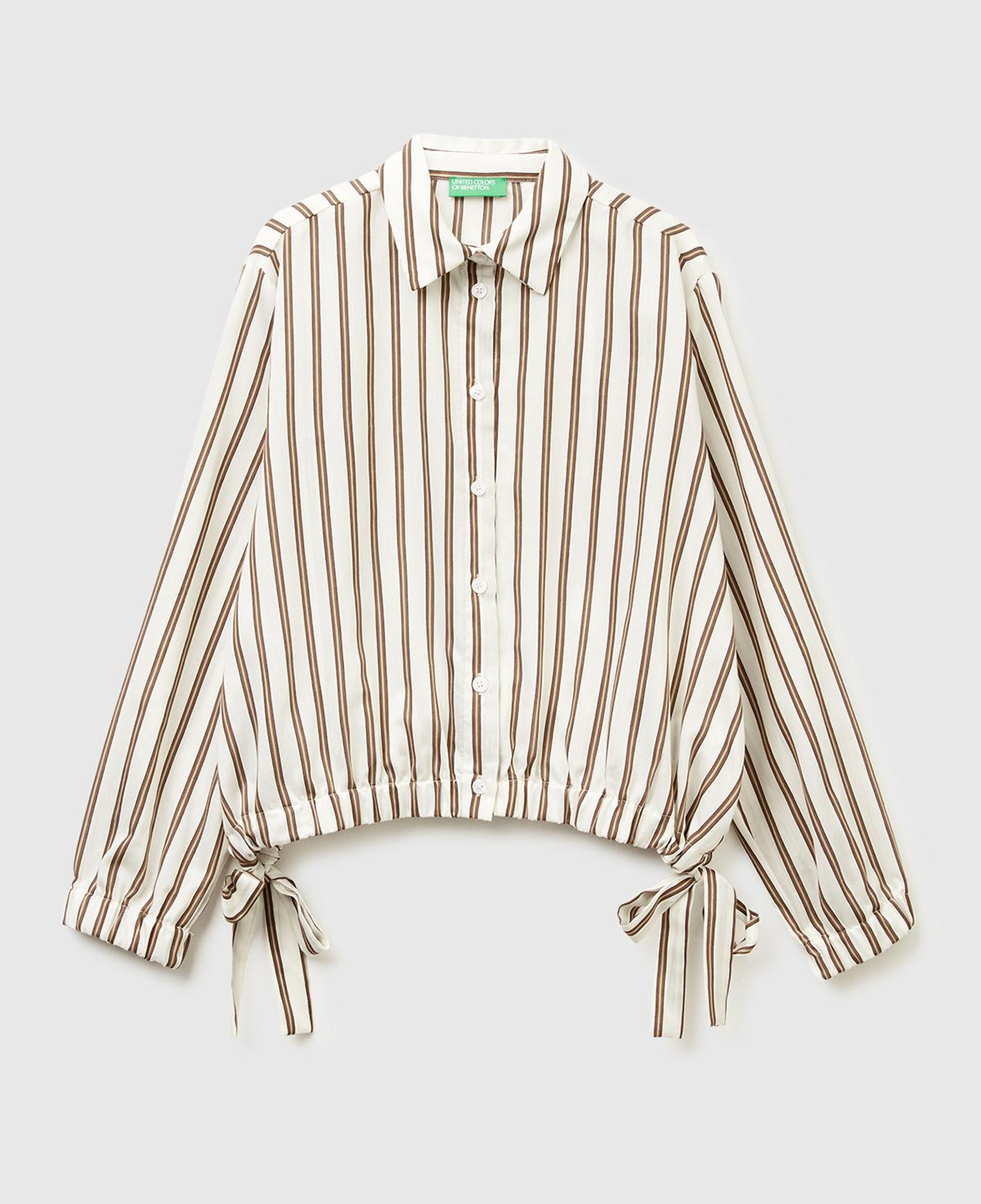 Kadın Bej Viskoz Karışımlı Çizgili Altı Lastikli Relaxed Fit Gömlek