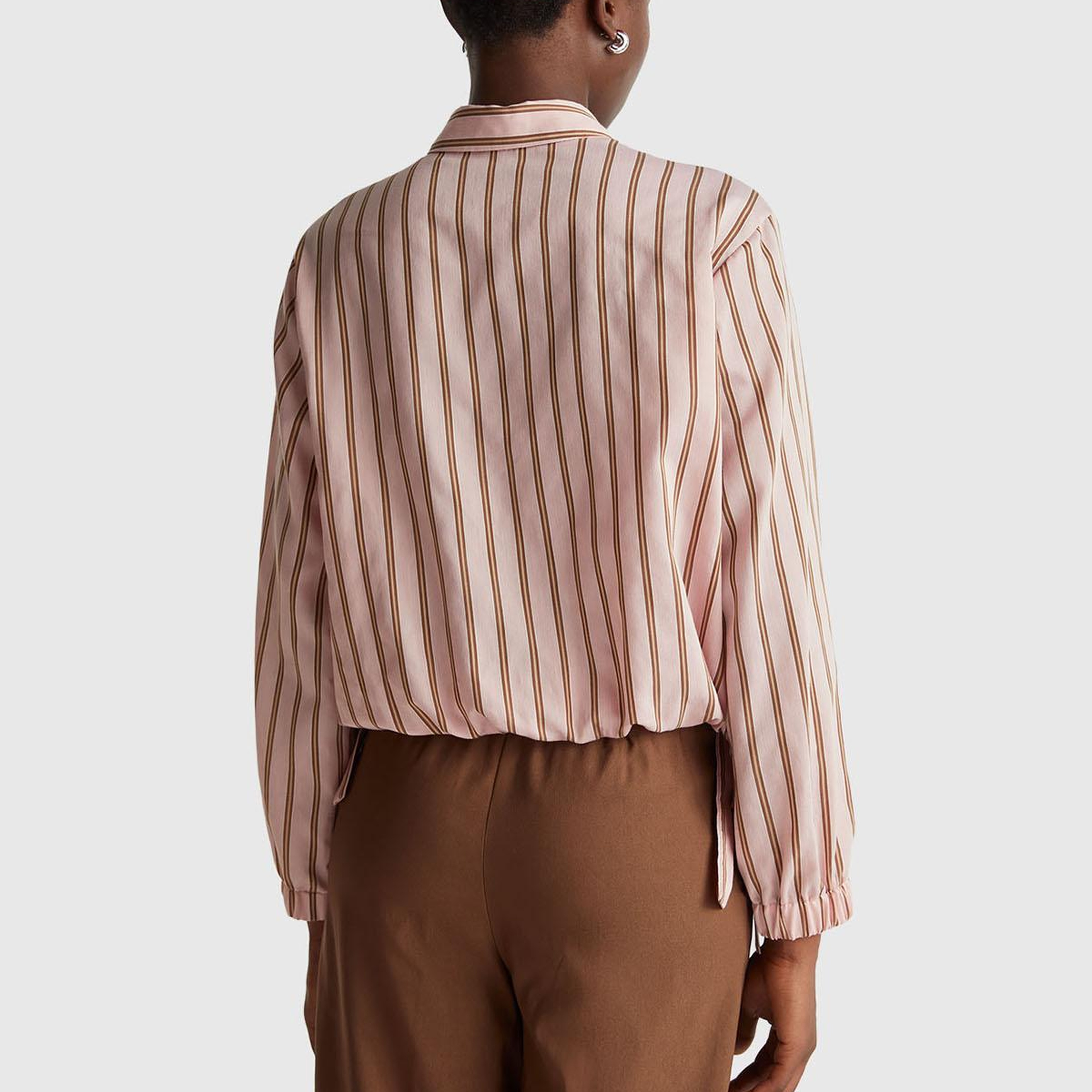 Kadın Pembe Viskoz Karışımlı Çizgili Altı Lastikli Relaxed Fit Gömlek