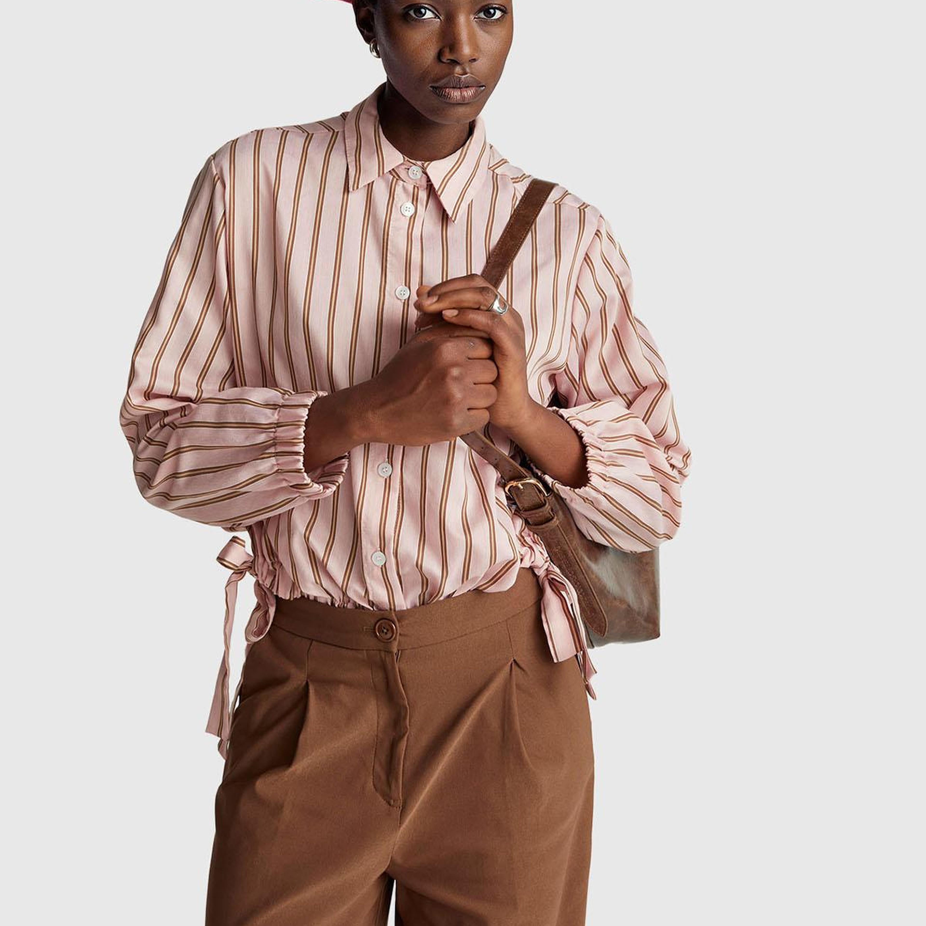 Kadın Pembe Viskoz Karışımlı Çizgili Altı Lastikli Relaxed Fit Gömlek