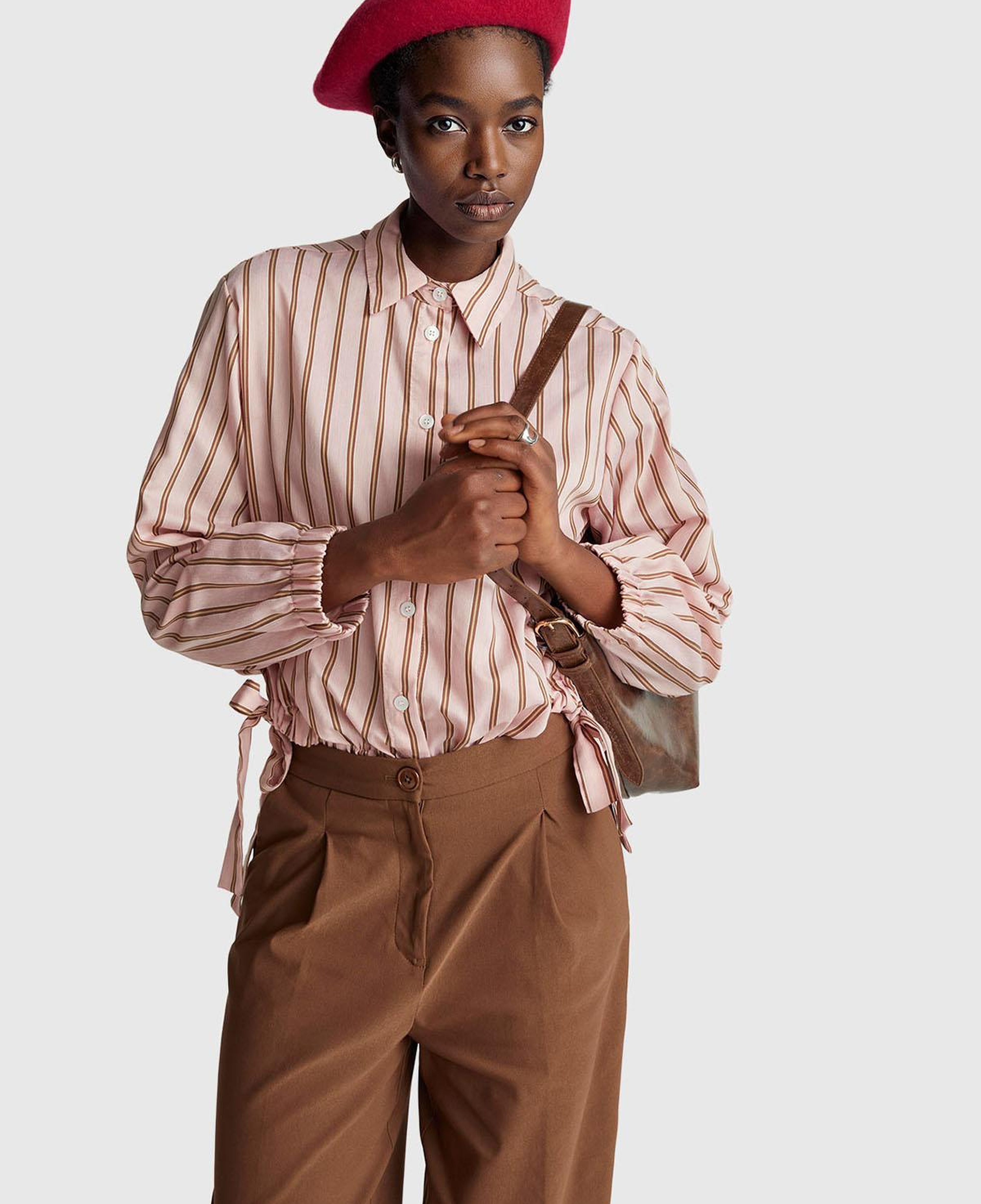 Kadın Pembe Viskoz Karışımlı Çizgili Altı Lastikli Relaxed Fit Gömlek