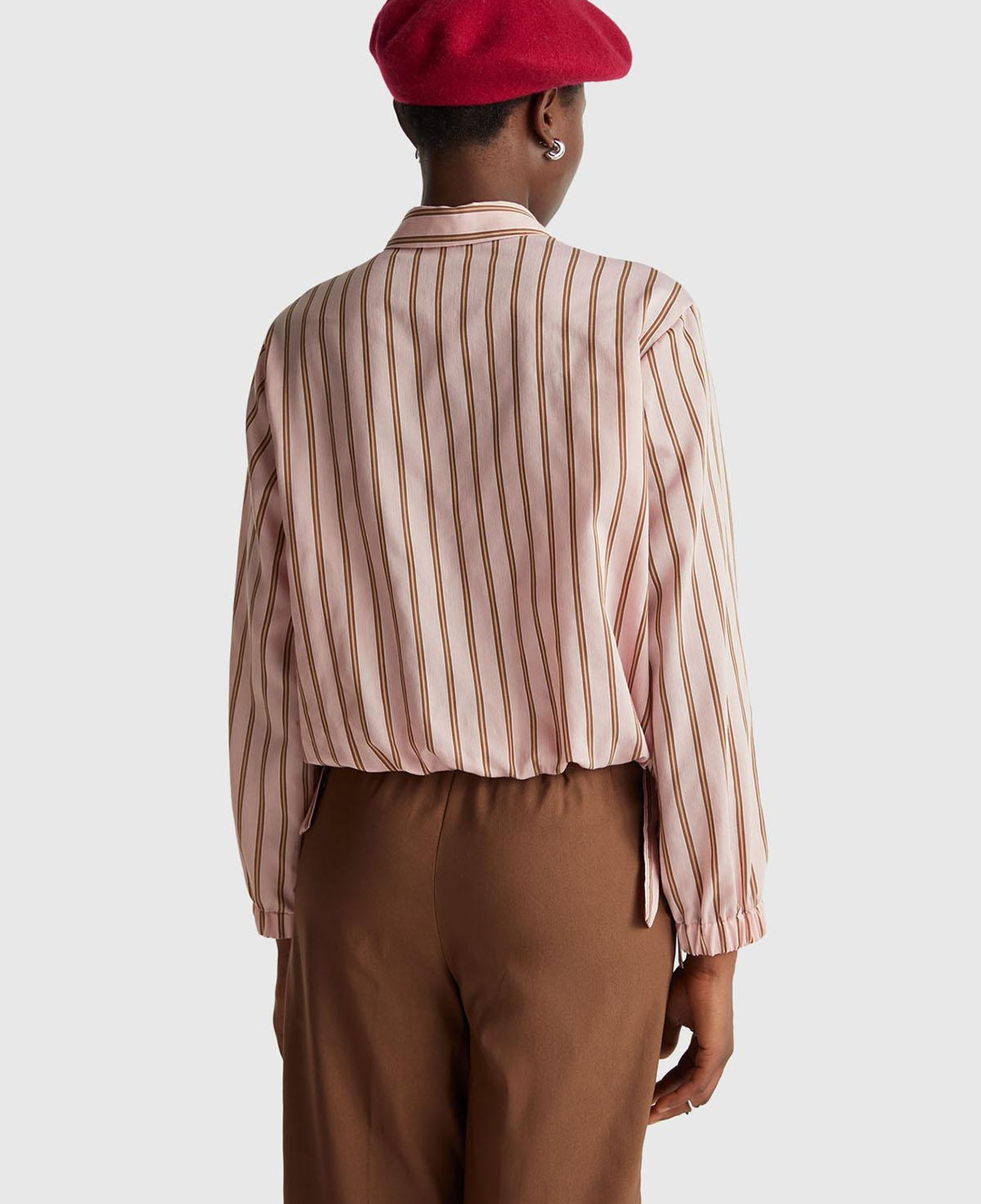 Kadın Pembe Viskoz Karışımlı Çizgili Altı Lastikli Relaxed Fit Gömlek