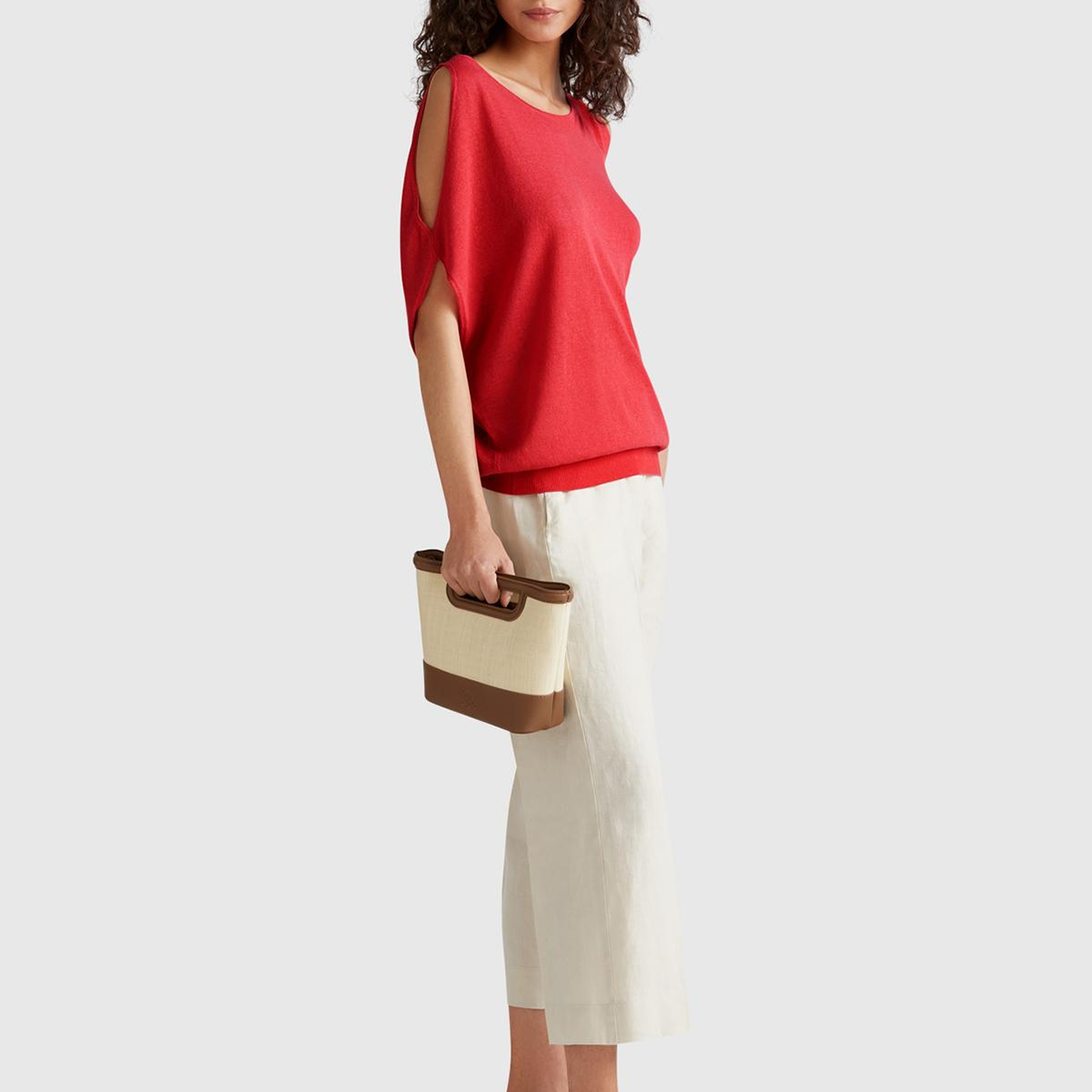 Kadın Mercan Keten Karışımlı Omzu Açık Triko Kazak