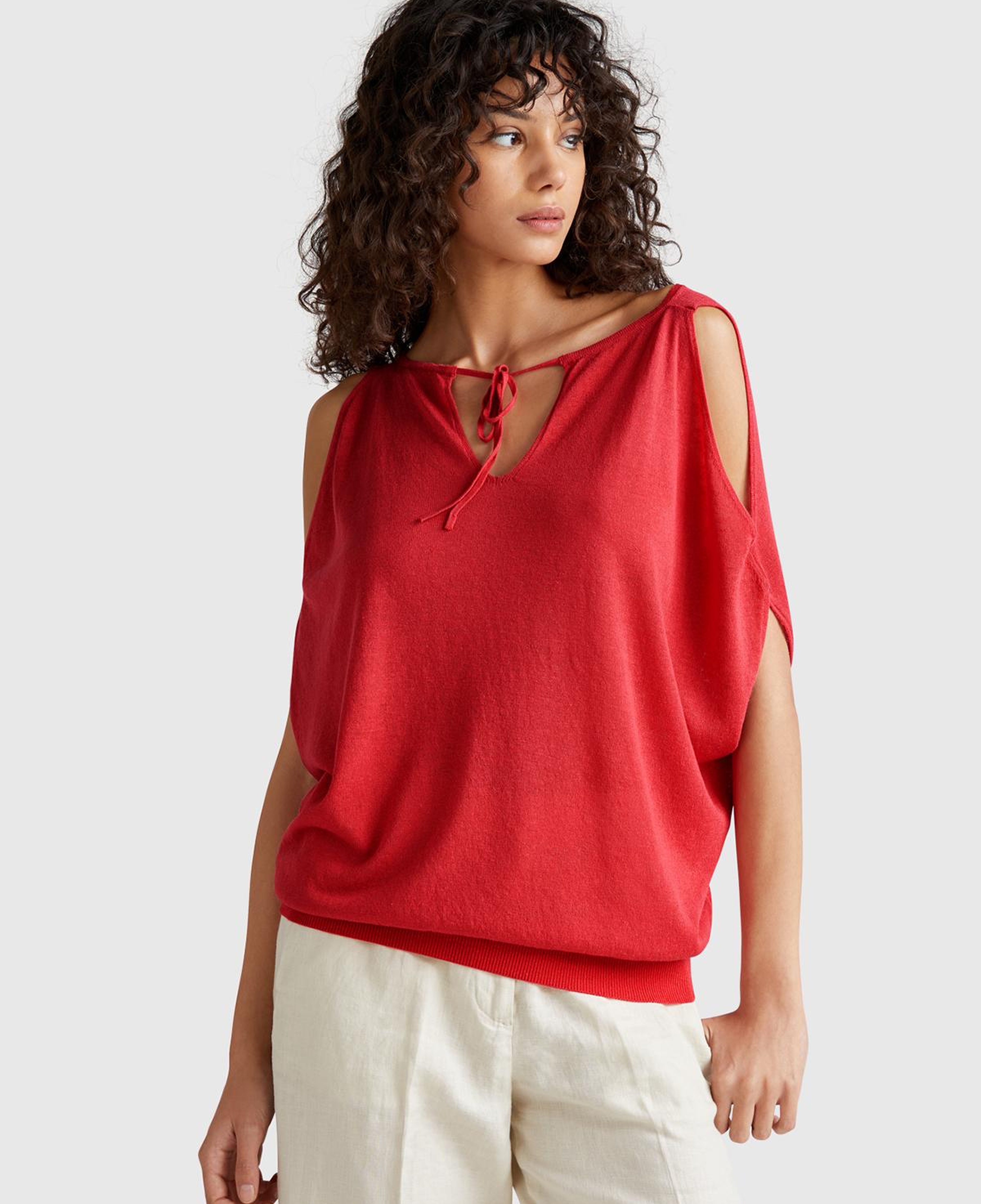 Kadın Mercan Keten Karışımlı Omzu Açık Triko Kazak