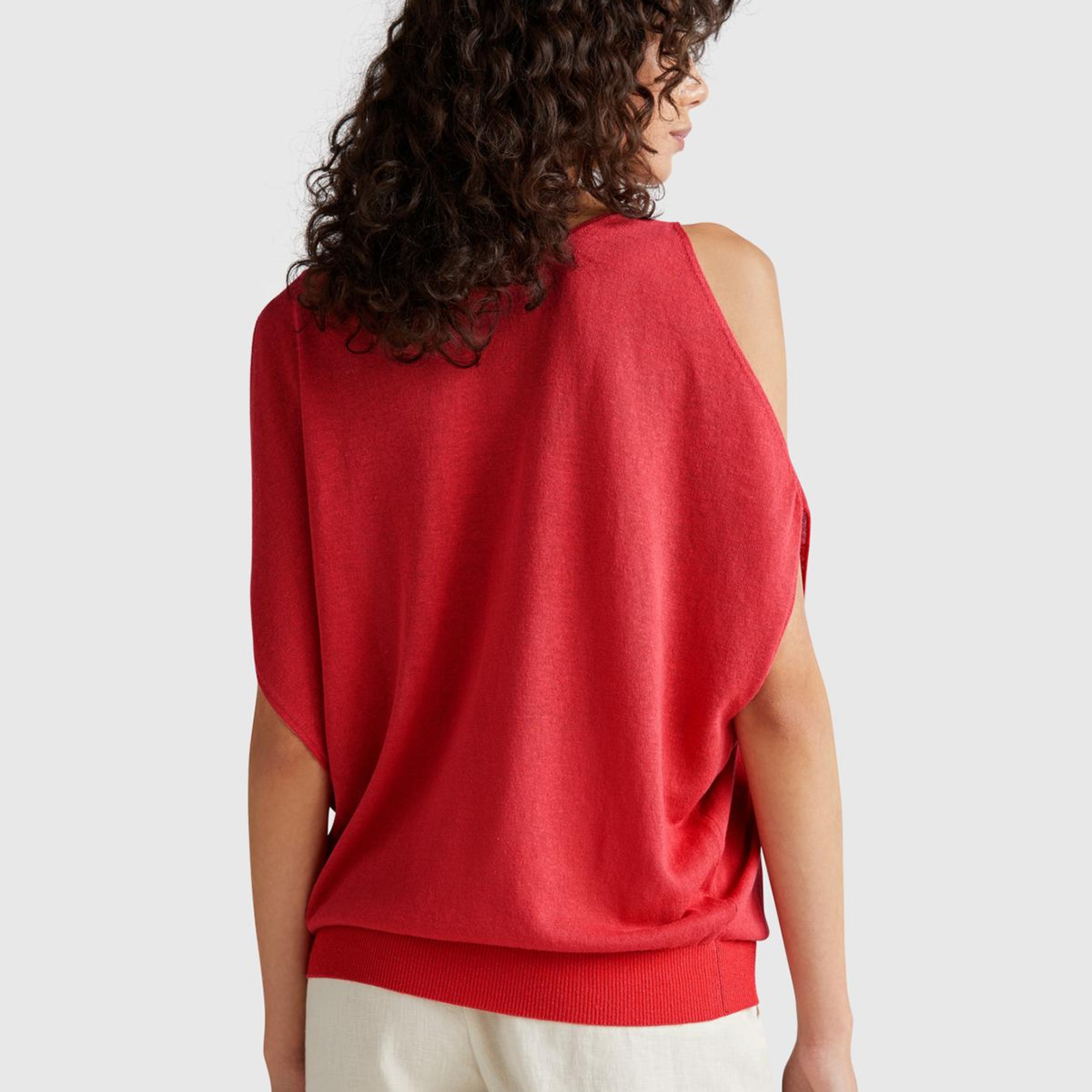 Kadın Mercan Keten Karışımlı Omzu Açık Triko Kazak