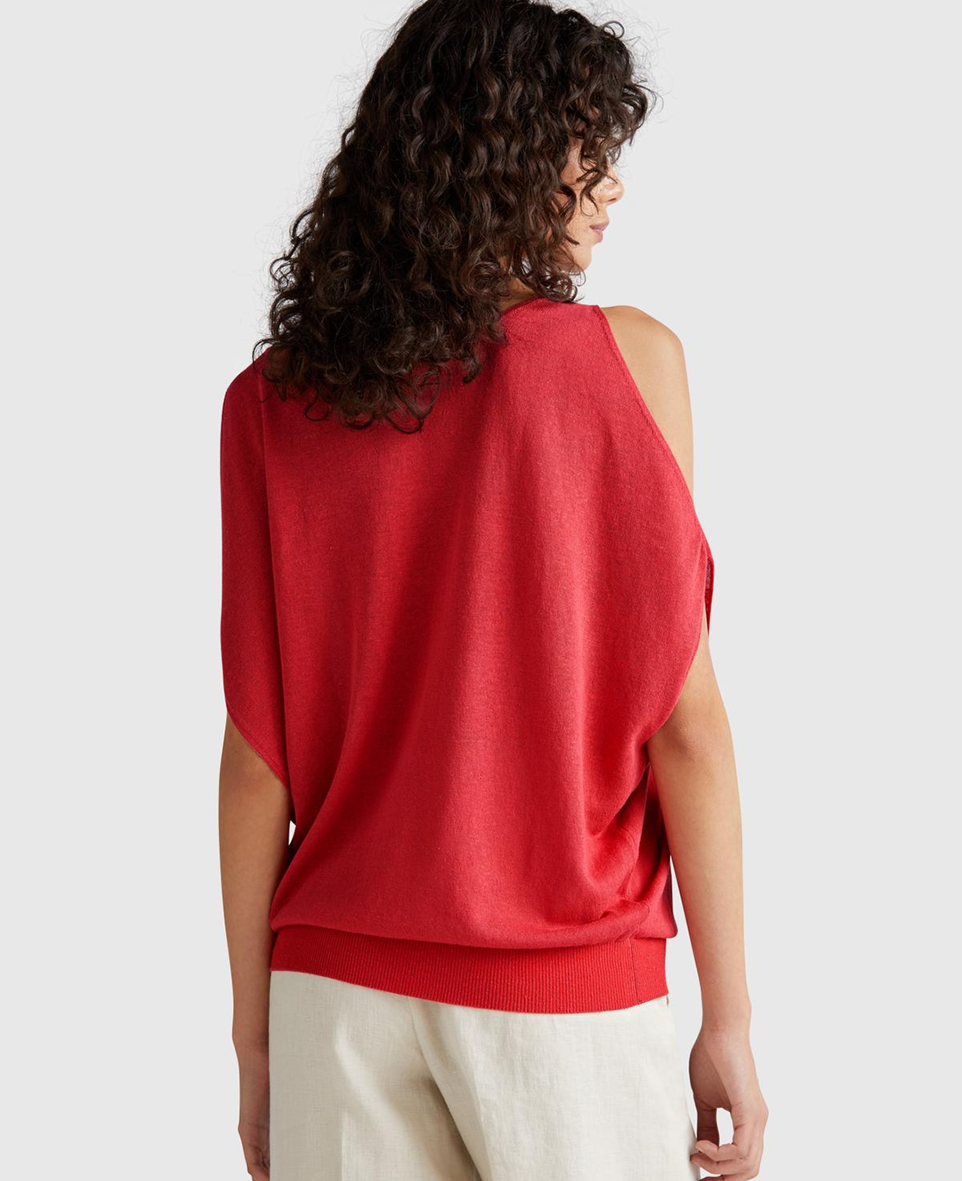 Kadın Mercan Keten Karışımlı Omzu Açık Triko Kazak