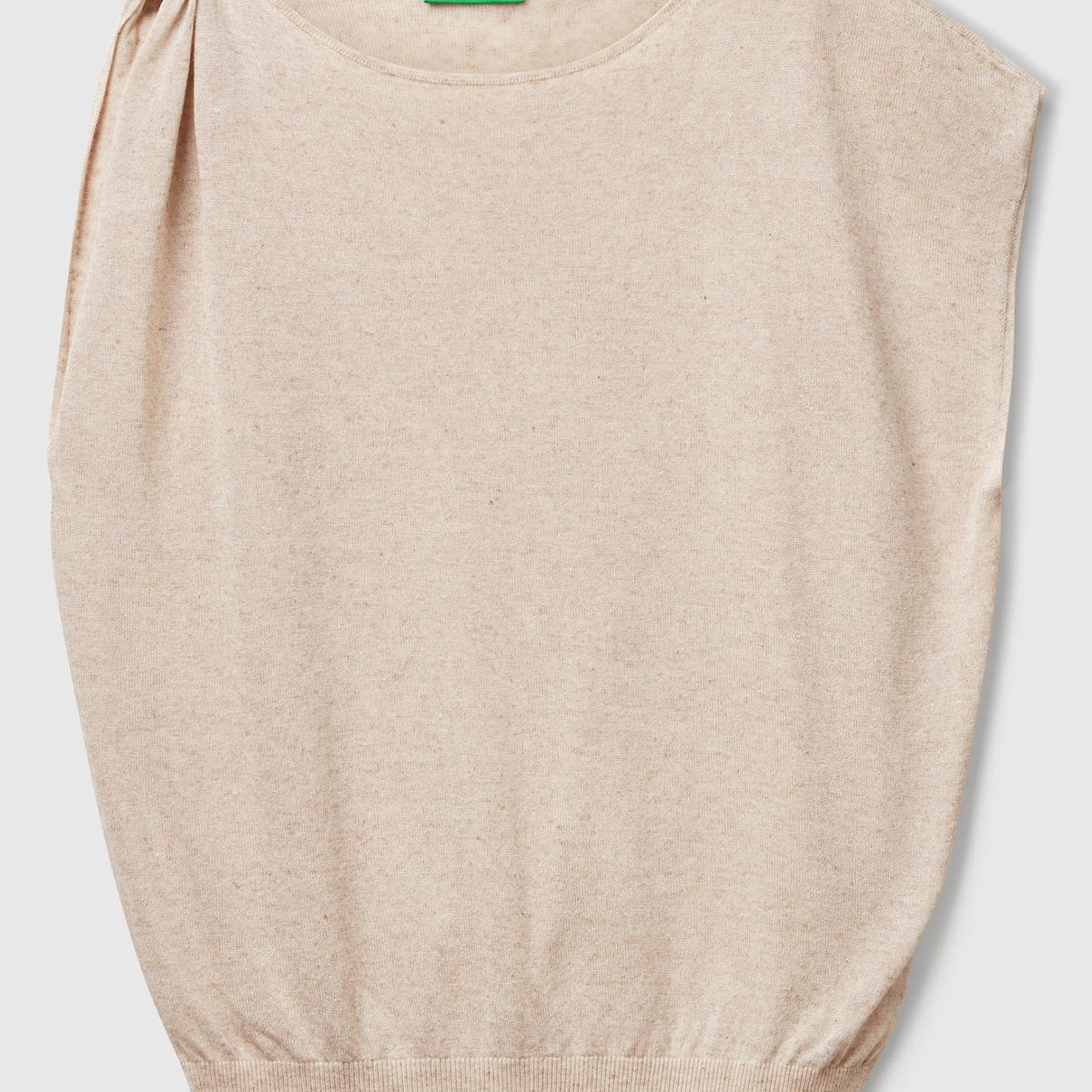 Kadın Taş Rengi Keten Karışımlı Asimetrik Kolsuz Kazak