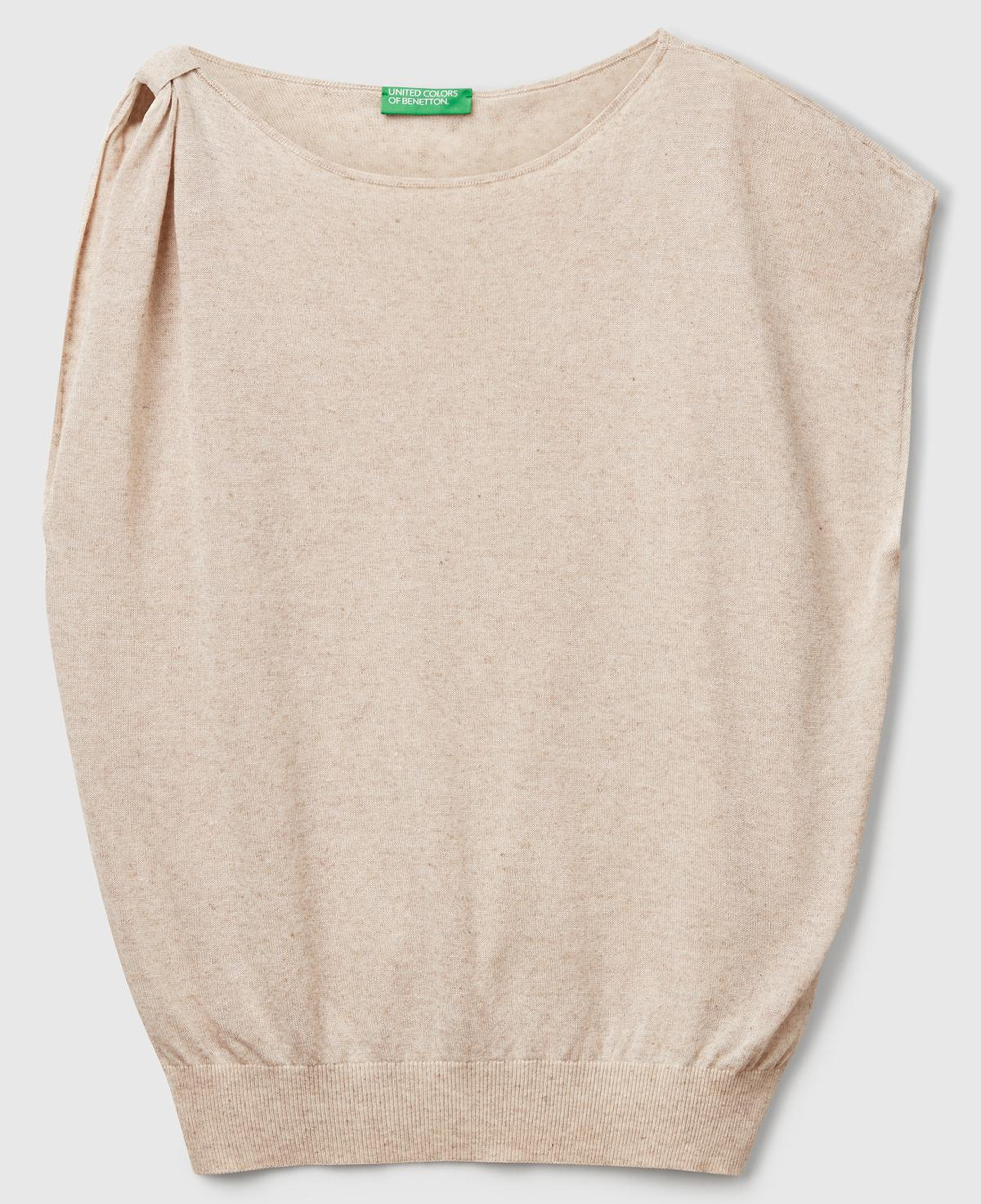 Kadın Taş Rengi Keten Karışımlı Asimetrik Kolsuz Kazak