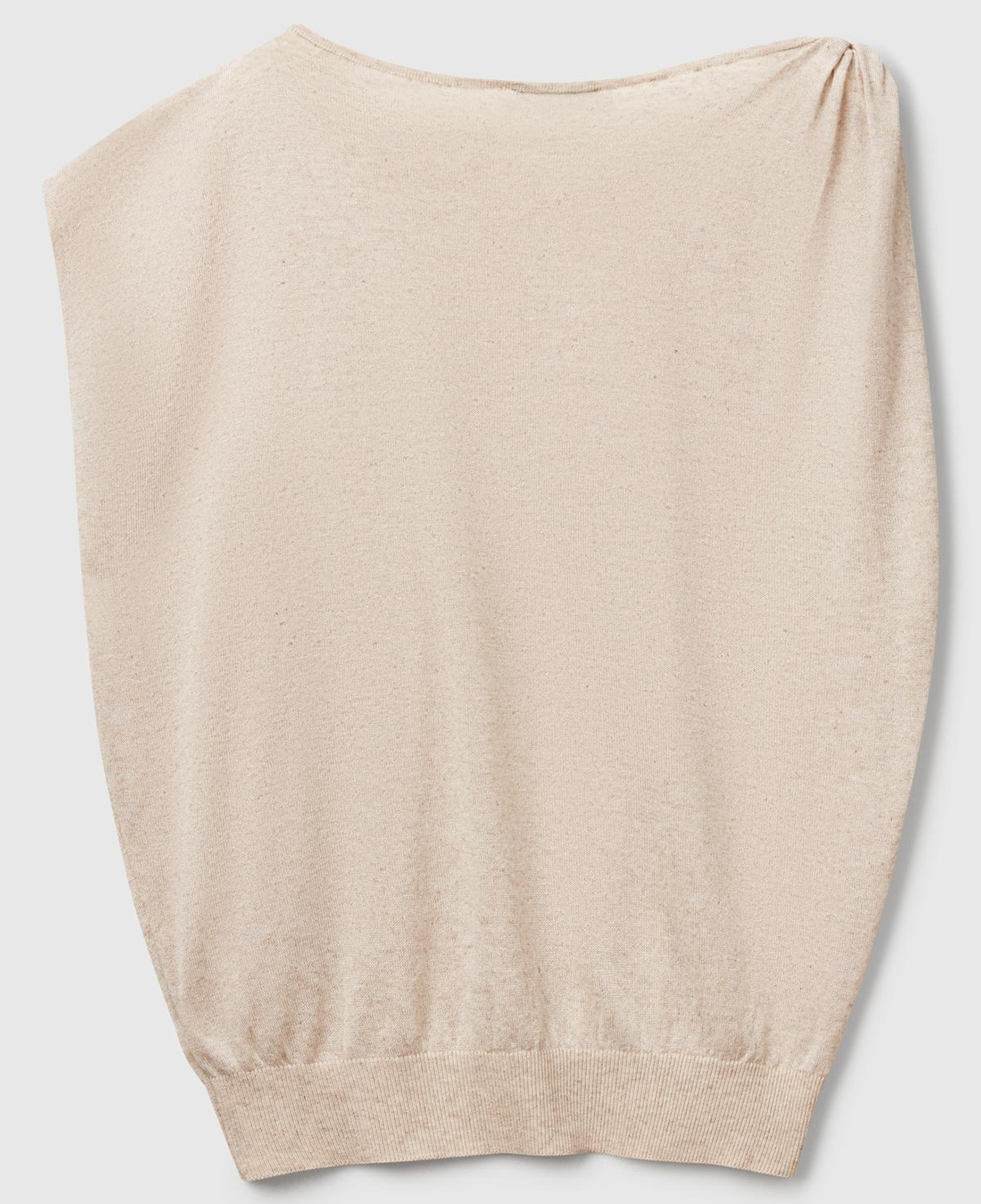 Kadın Taş Rengi Keten Karışımlı Asimetrik Kolsuz Kazak