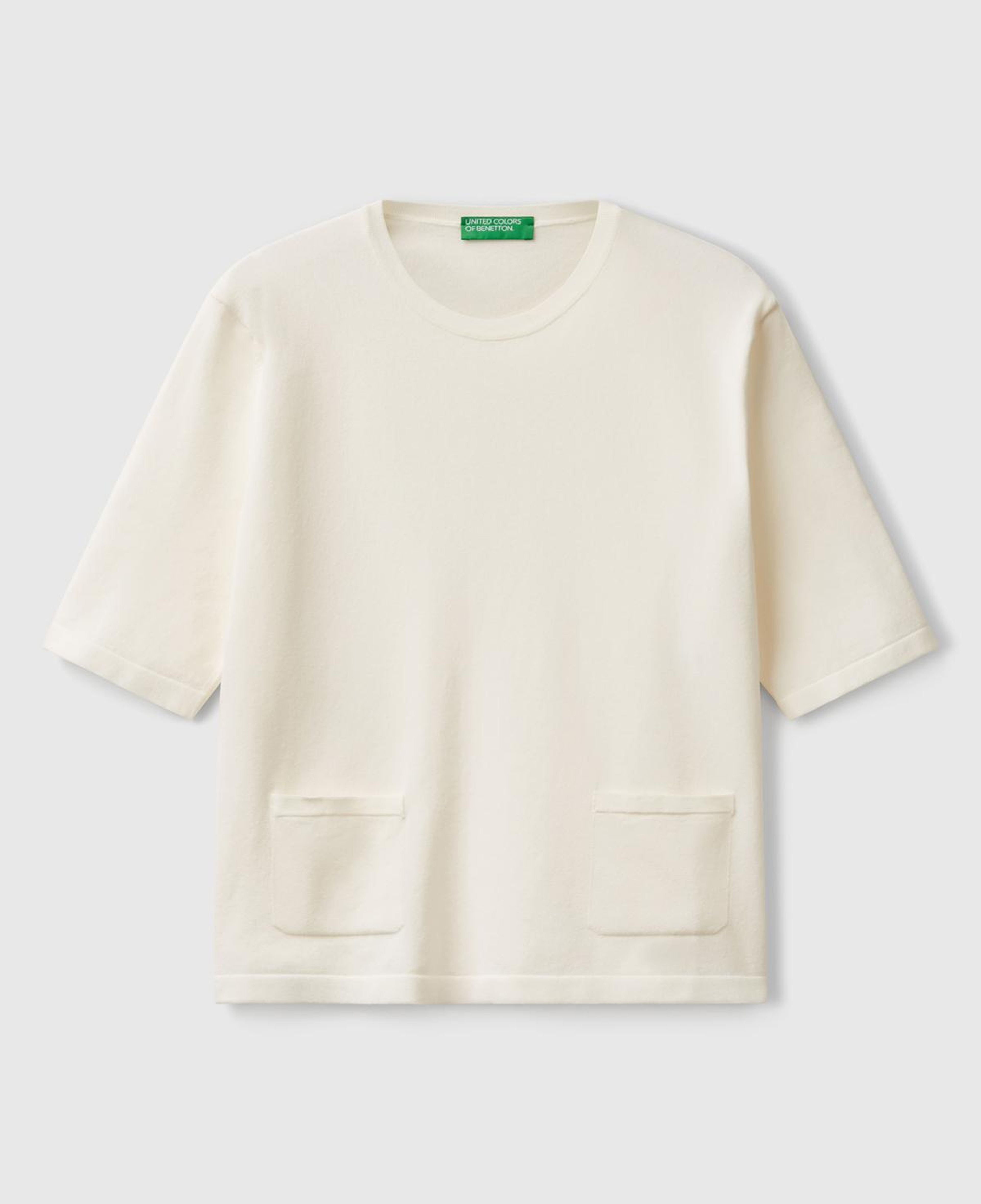 Kadın Krem Streç Kumaşlı Önü Cepli Relax Fit Bisiklet Yaka Kazak