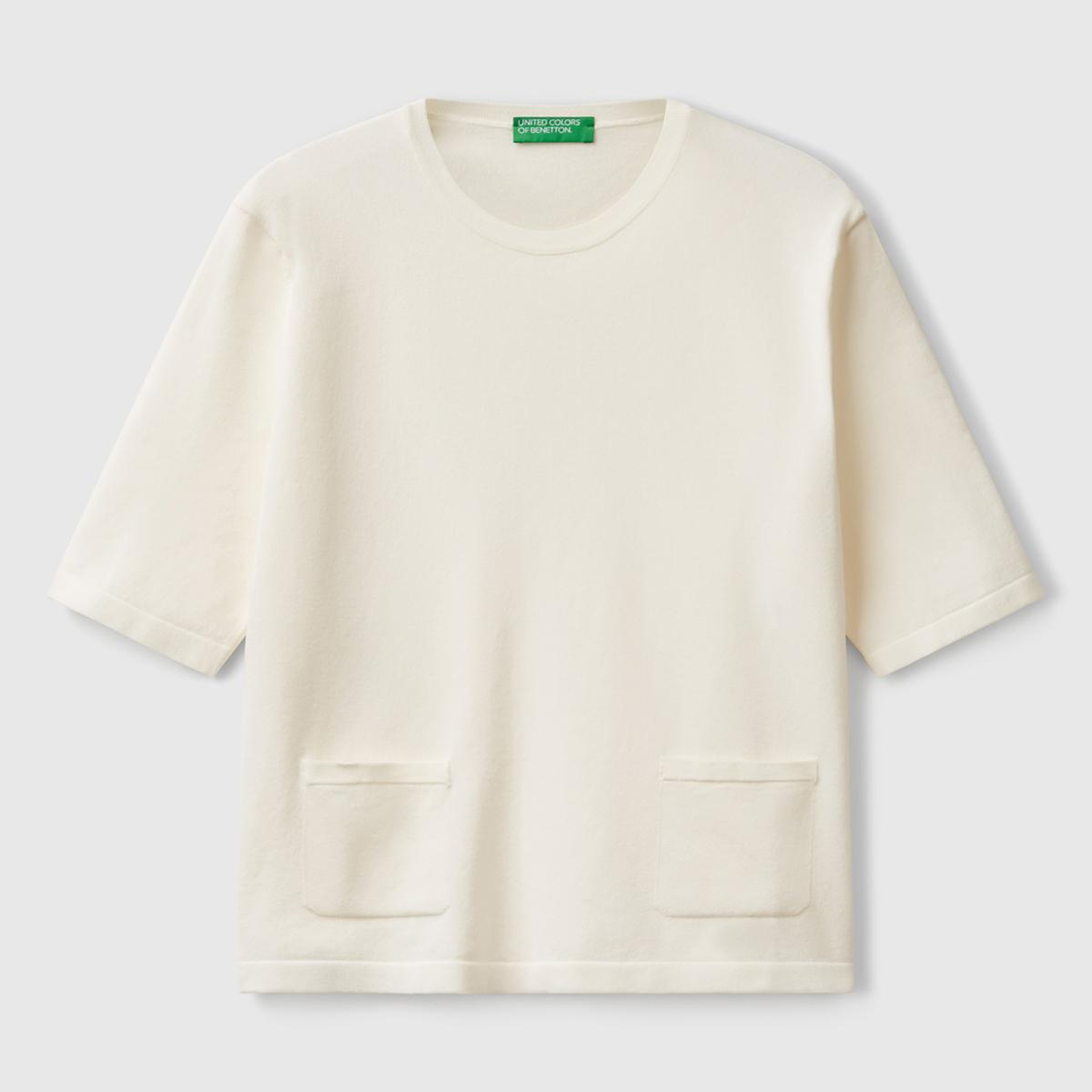 Kadın Krem Streç Kumaşlı Önü Cepli Relax Fit Bisiklet Yaka Kazak