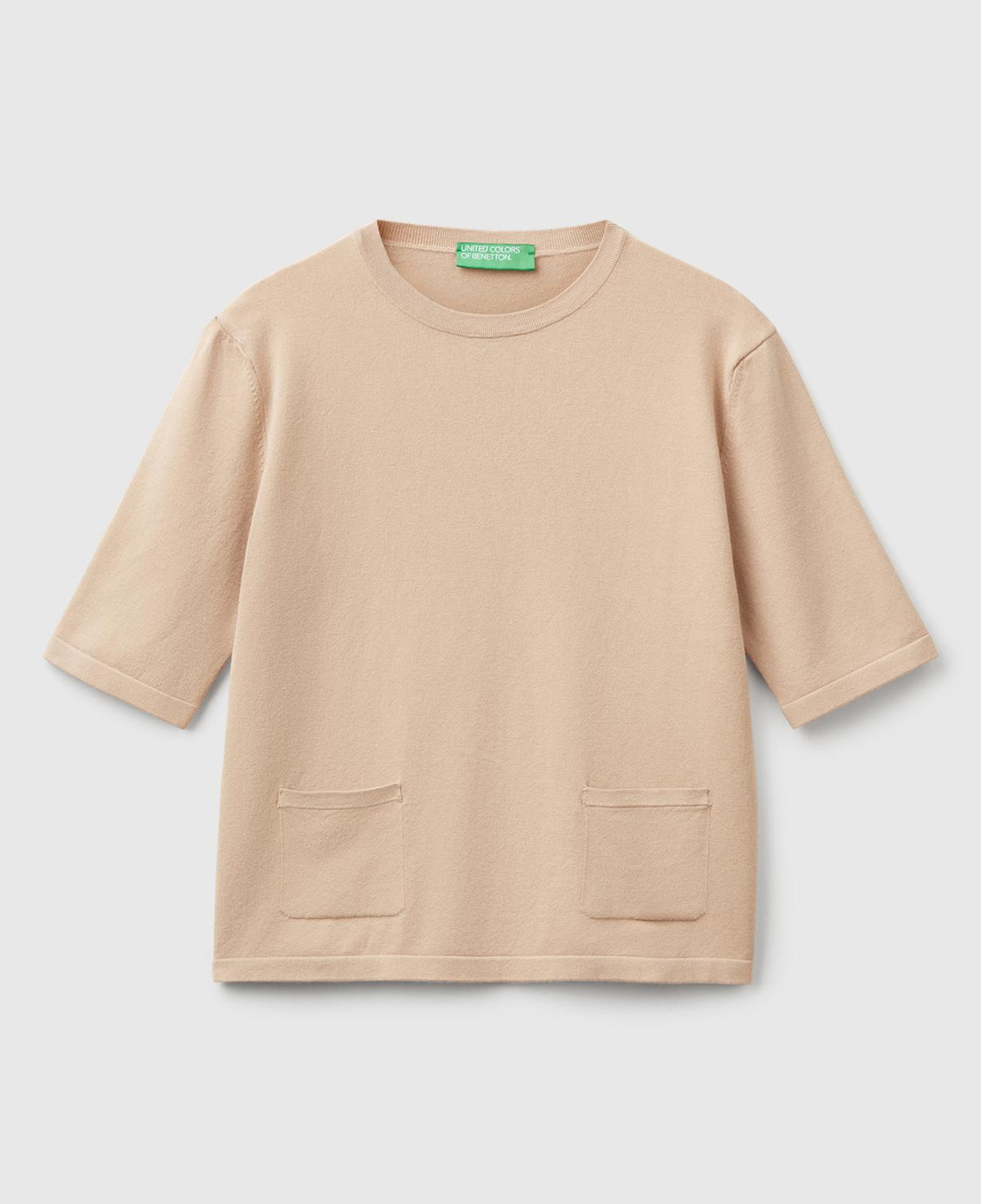 Kadın Bej Streç Kumaşlı Önü Cepli Relax Fit Bisiklet Yaka Kazak