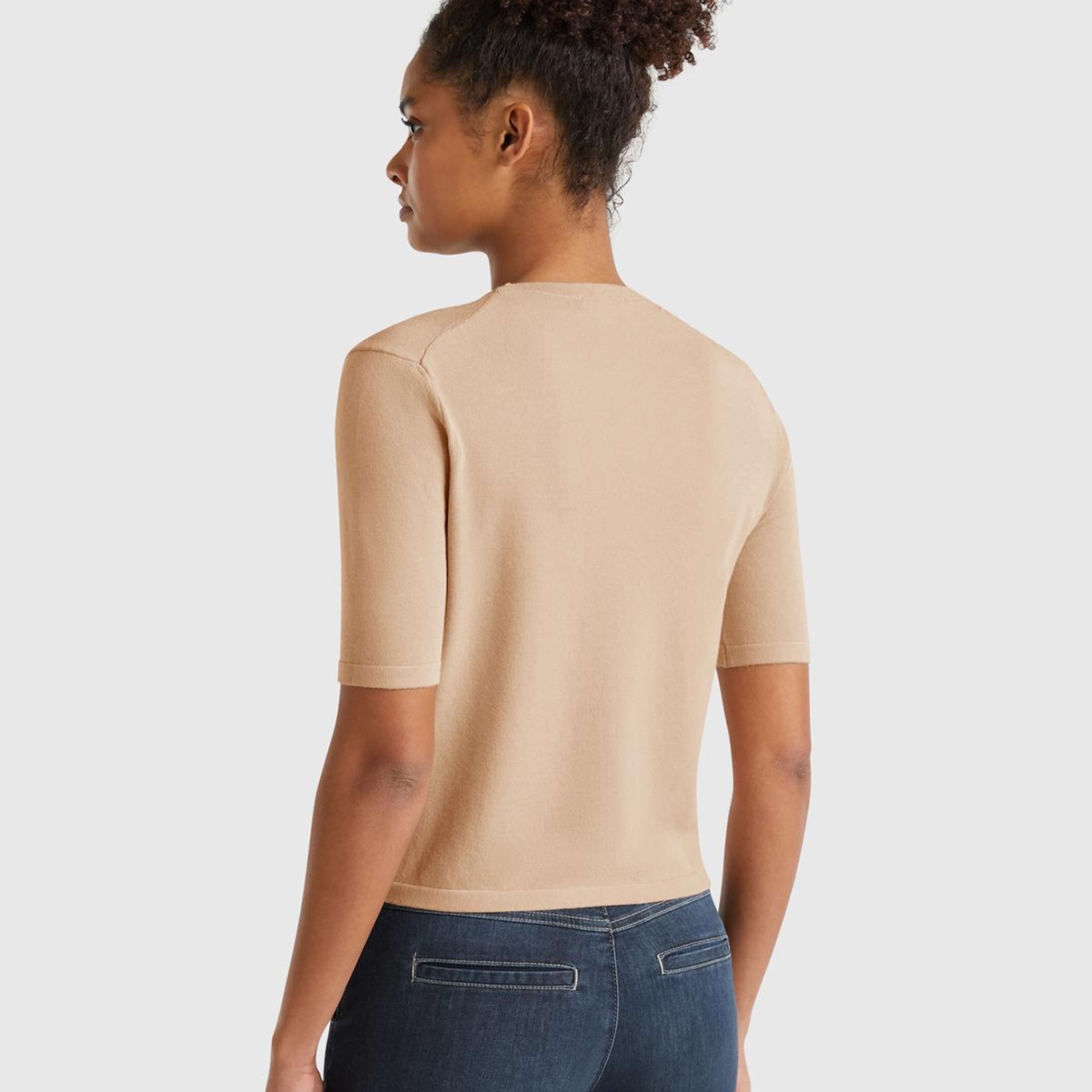 Kadın Bej Streç Kumaşlı Önü Cepli Relax Fit Bisiklet Yaka Kazak