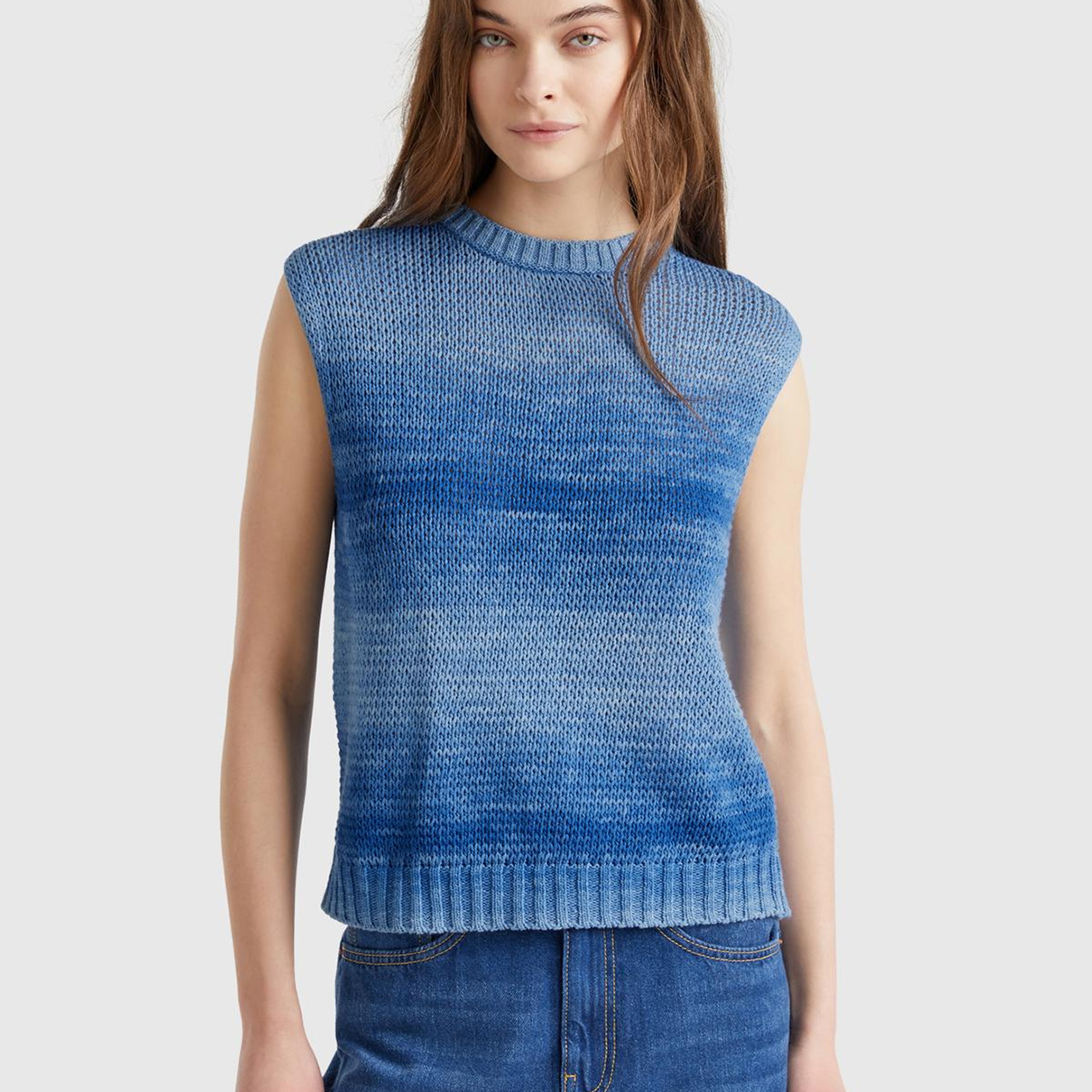 Kadın Mavi %100 Pamuk Gölge Efektli Ribanalı Relax Fit Süveter