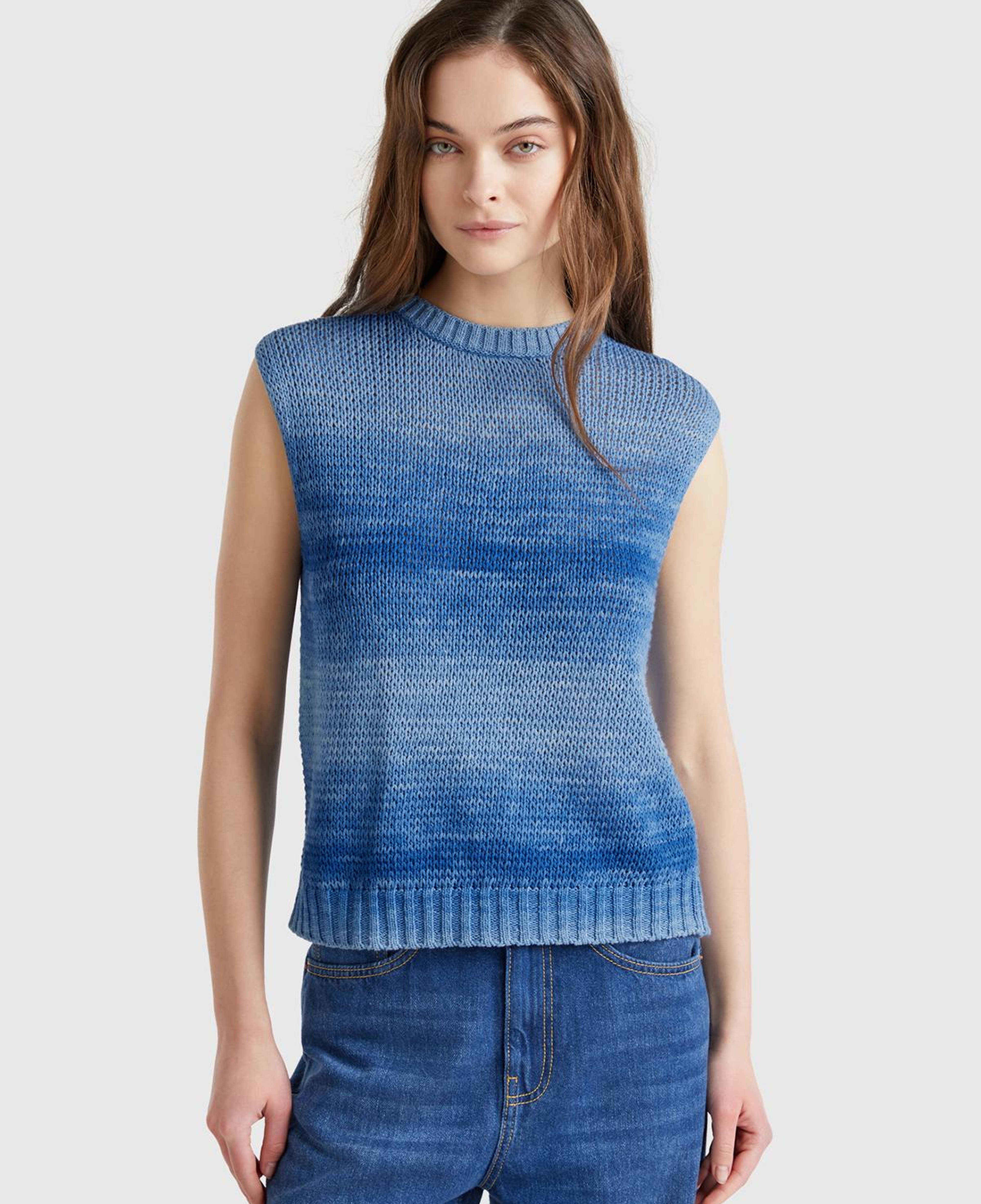 Kadın Mavi %100 Pamuk Gölge Efektli Ribanalı Relax Fit Süveter