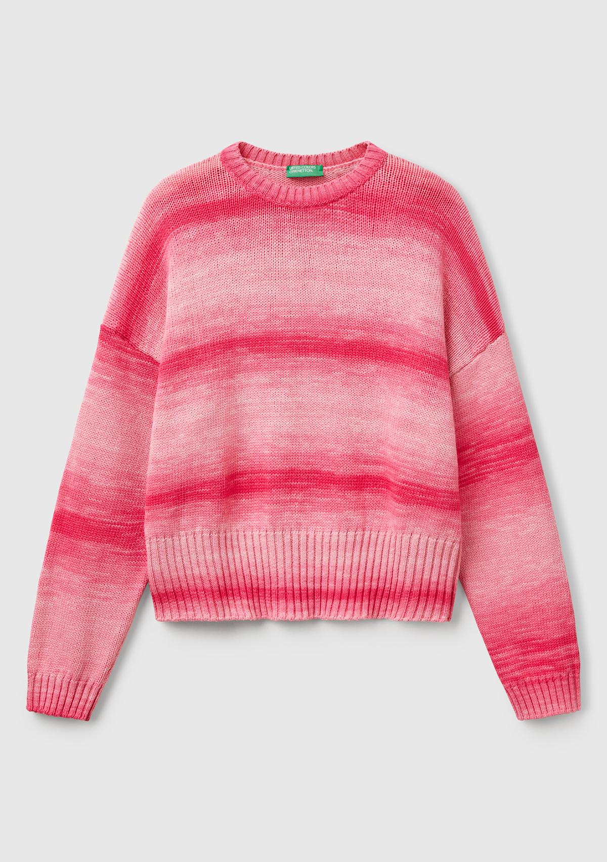 Kadın Pembe Mix %100 Pamuk Gölge Efektli Nervür Detaylı Düşük Omuzlu Kazak