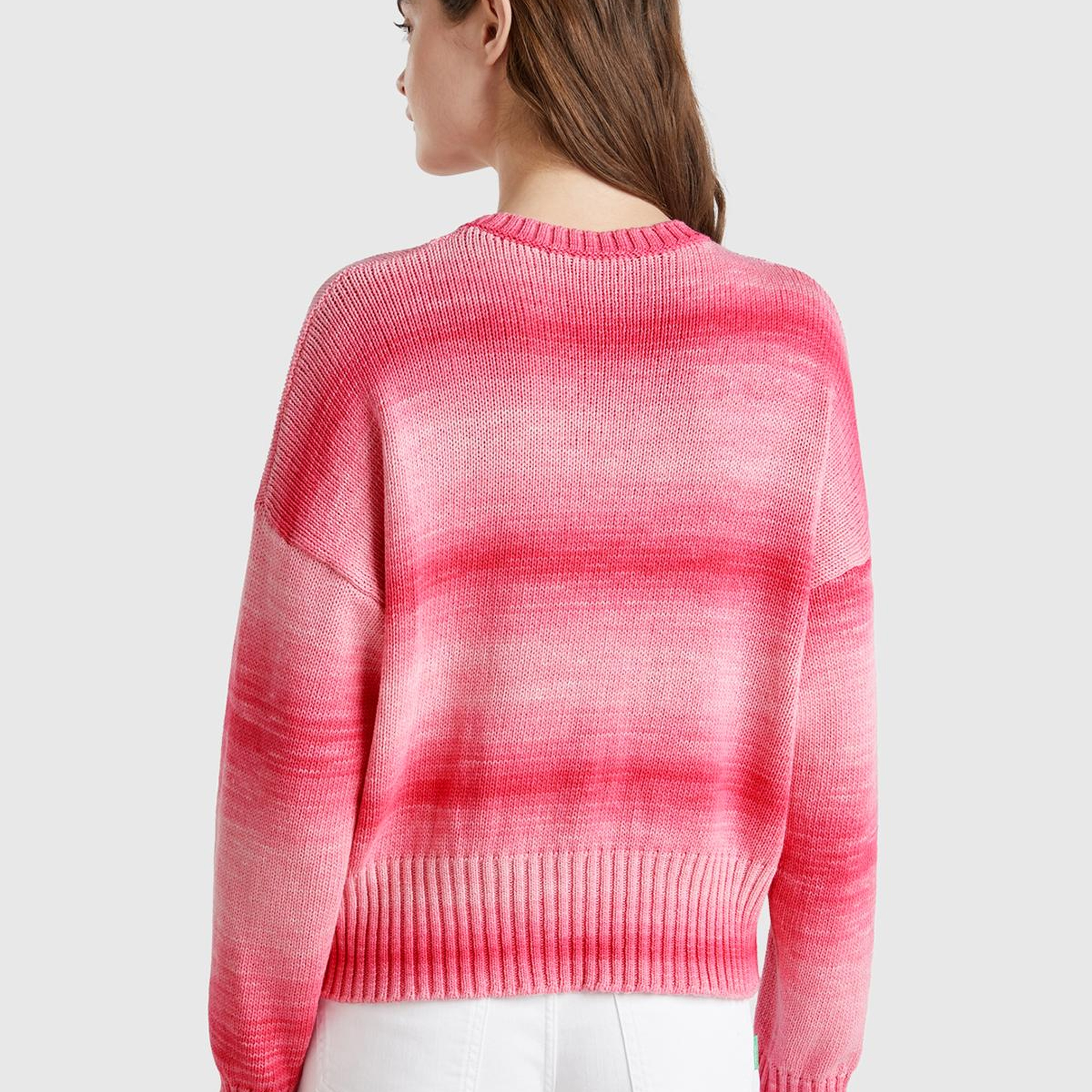 Kadın Pembe Mix %100 Pamuk Gölge Efektli Nervür Detaylı Düşük Omuzlu Kazak