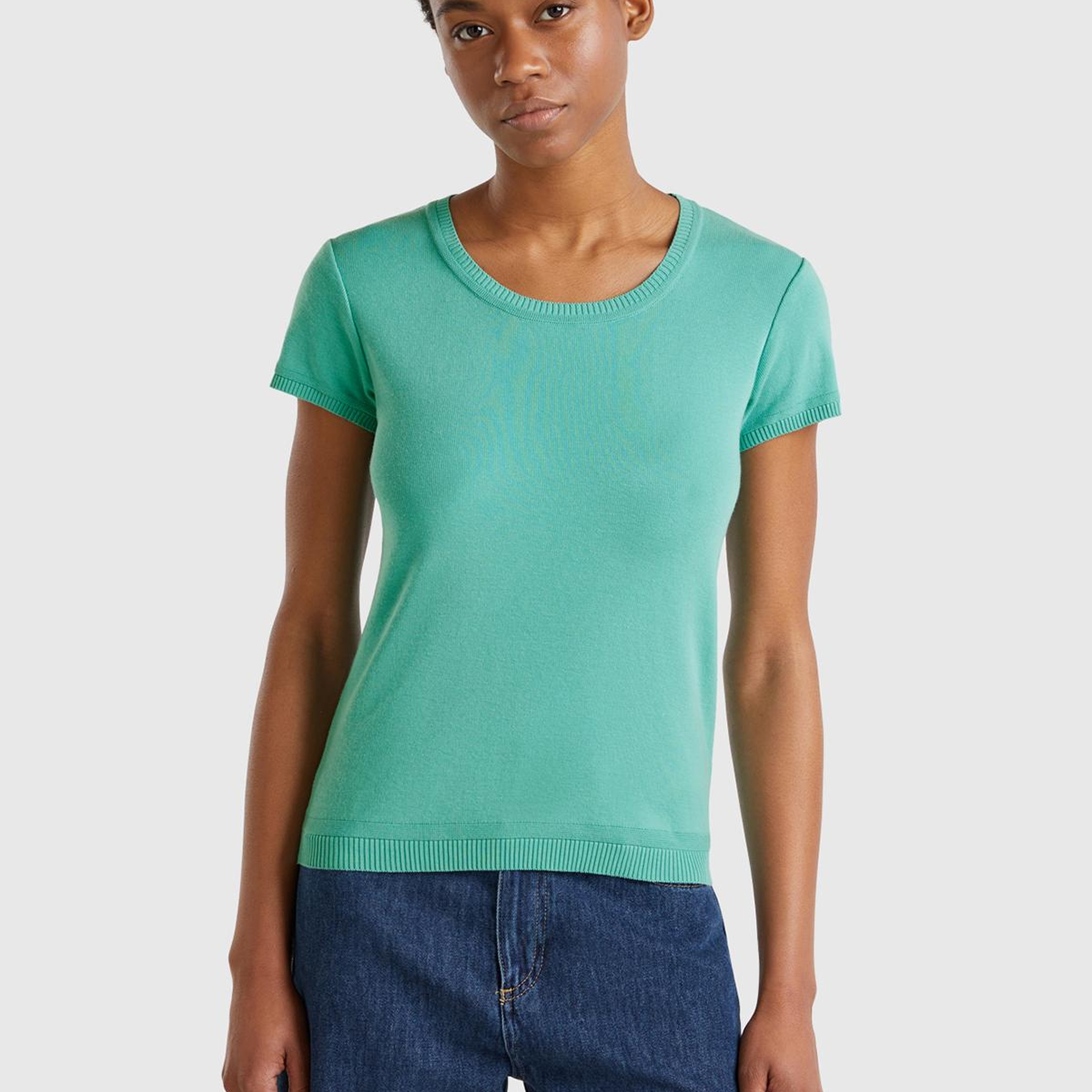 Kadın Buz Mavisi %100 Koton Bisiklet Yaka Kısa Kollu Kazak