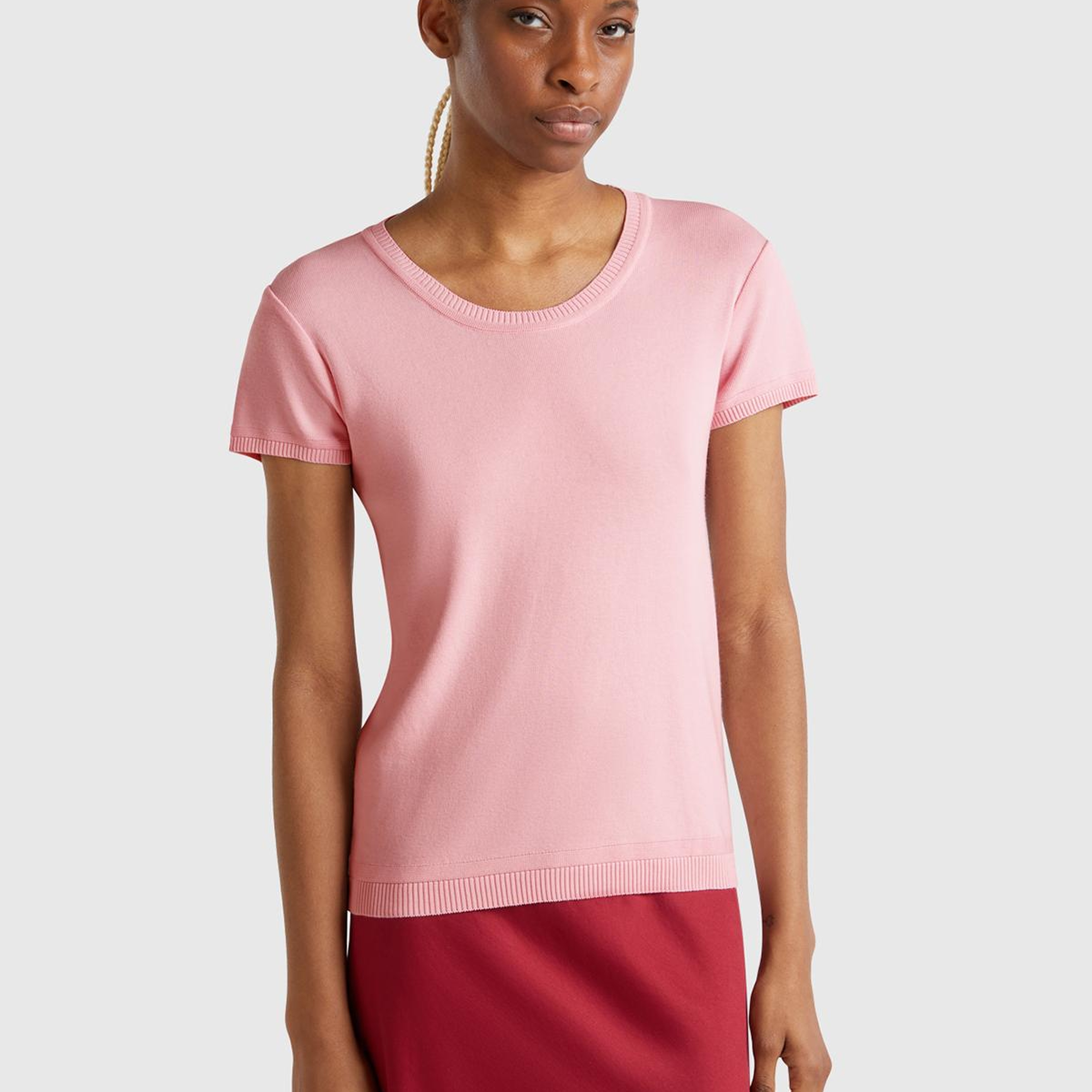 Kadın Toz Pembe %100 Koton Bisiklet Yaka Kısa Kollu Kazak