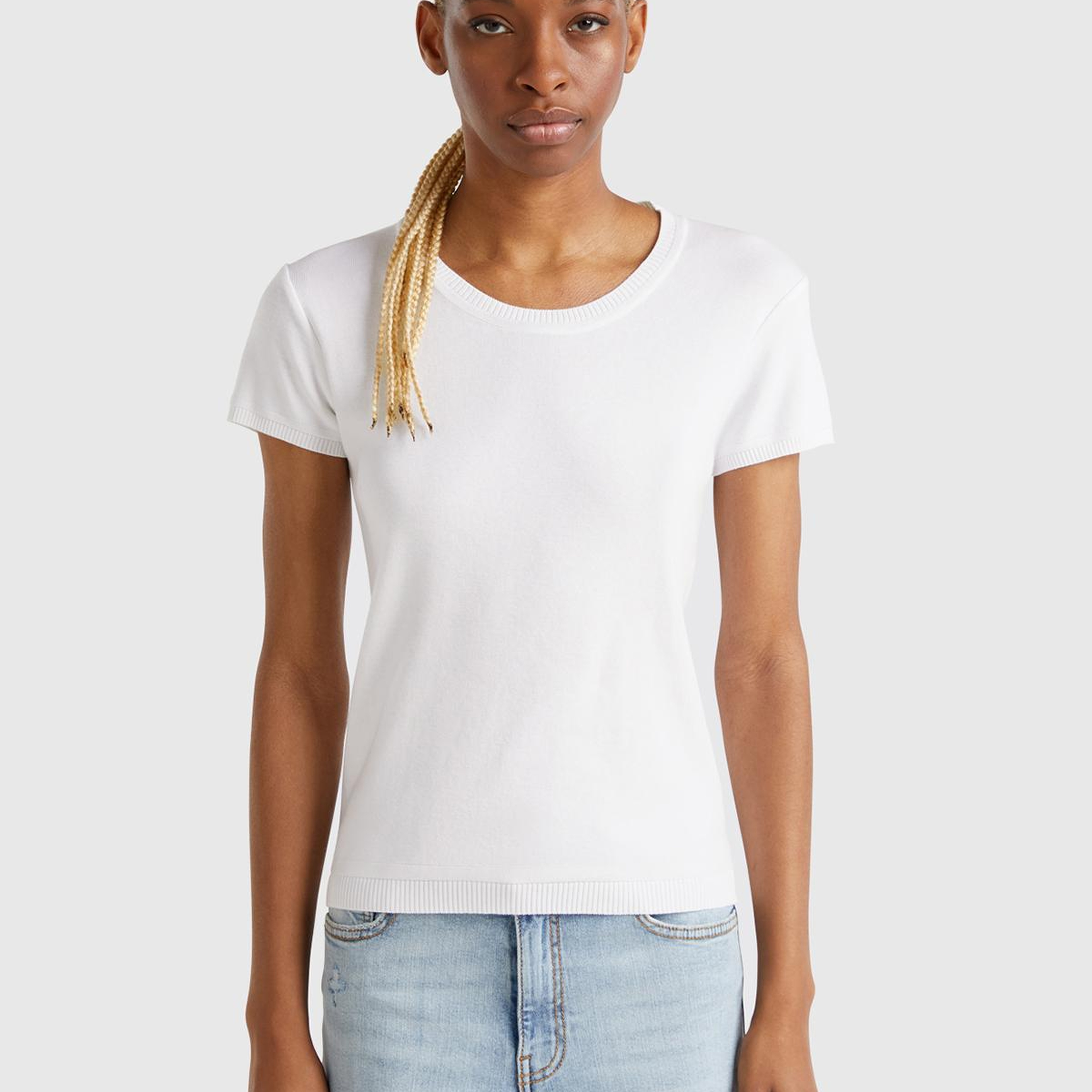 Kadın Beyaz %100 Koton Bisiklet Yaka Kısa Kollu Kazak