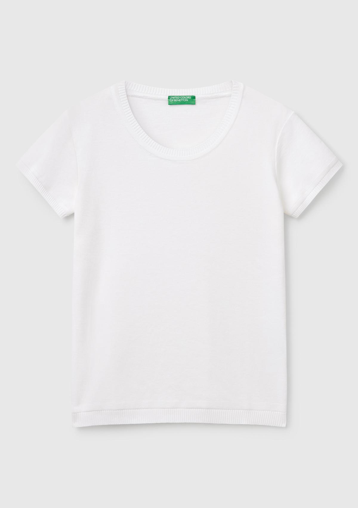 Kadın Beyaz %100 Koton Bisiklet Yaka Kısa Kollu Kazak