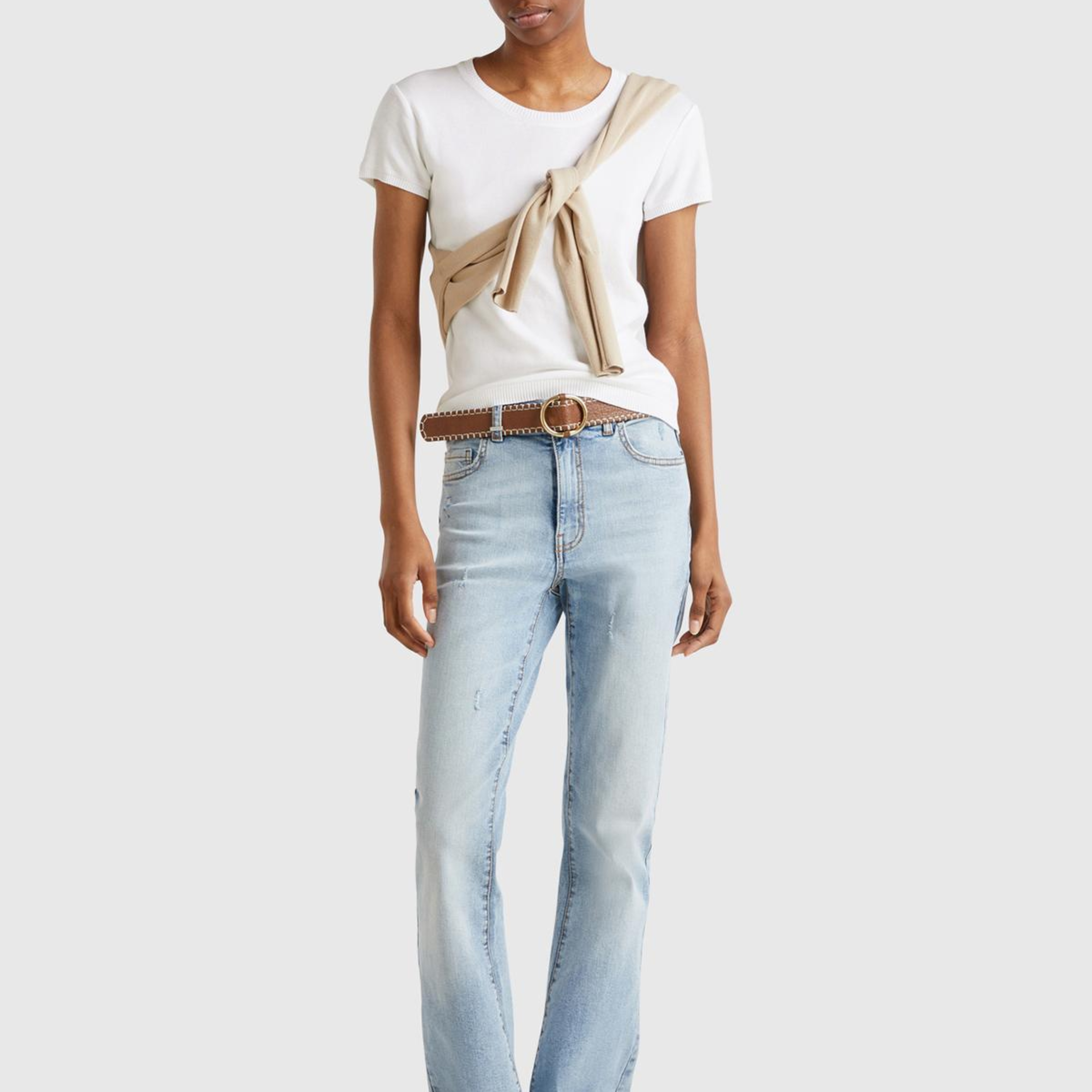 Kadın Beyaz %100 Koton Bisiklet Yaka Kısa Kollu Kazak