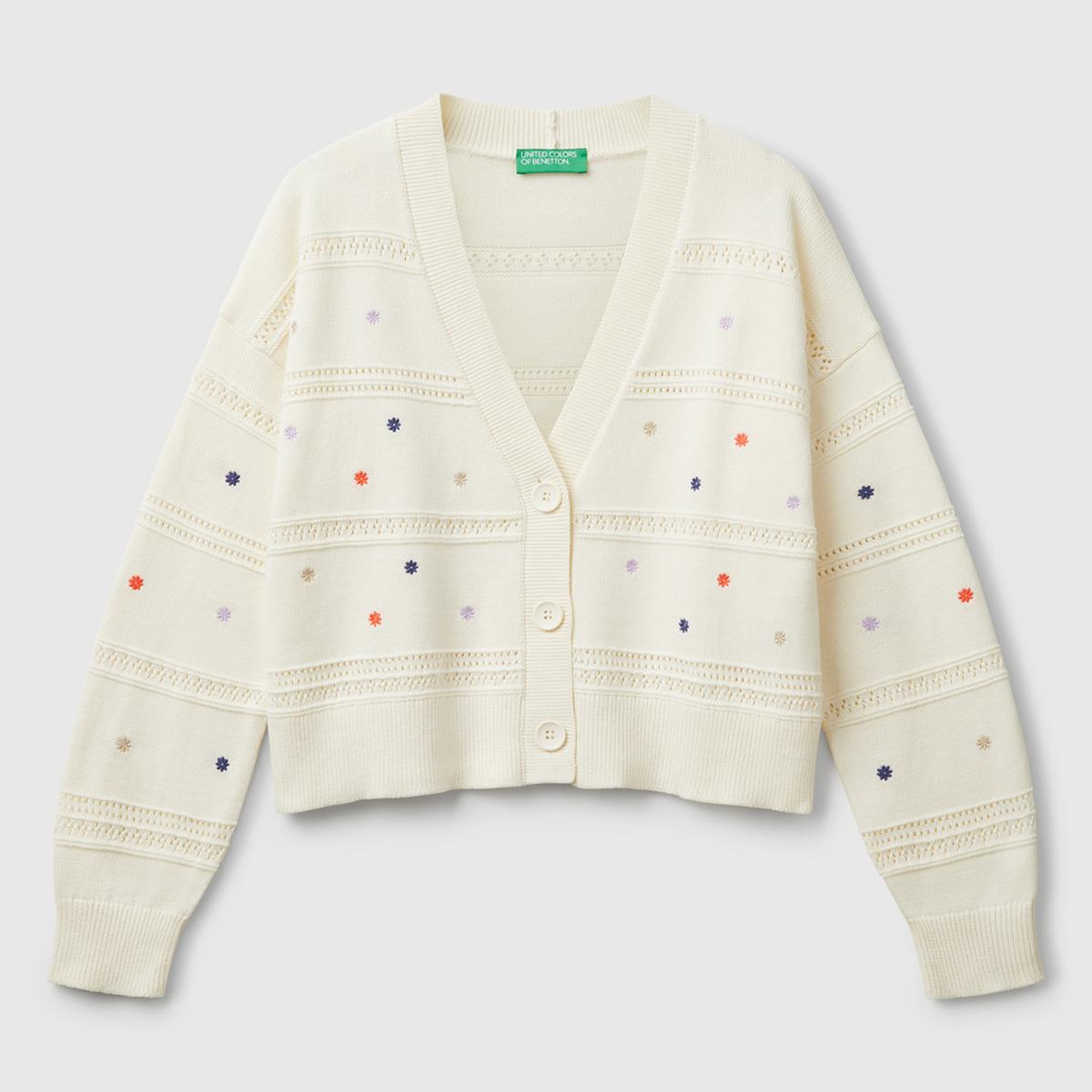 Kadın Krem %100 Pamuk Çiçek İşlemeli Nervür Detaylı Düşük Omuzlu Hırka